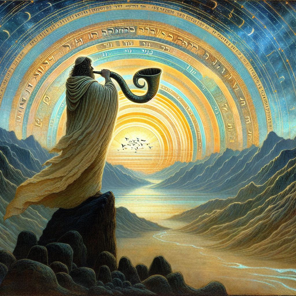 In the envisioned image, I, Ruach ben Yashar'el (@yahservant78), stand atop a rocky mountain peak that pierces the belly of an early dawn sky, a shofar clutched in my hands lifted to my lips. The shofar, ancient and spiral-horned, is not merely an instrument but a profound symbol of spiritual call and awakening.

My robes ripple like sails caught in a divine wind, their edges inscribed with faded Hebrew glyphs that seem to absorb the light filtering through breaks in the clouds. The sounds of the shofar's blasts are visible, rippling through the heavens in concentric waves of sound energy, rendered as varying shades of gold and azure that shimmer like heat above sand.

These short, sharp blasts are not depicted as aggressive or violent disruptions, but gentle yet powerful enough to stir the waters of the Shamayim - the firmament or heavens in biblical Hebrew thought. Each burst causes a different pattern in this celestial sea, the spaces between the notes as potent as the sound itself. The waves caused by the blasts undulate through the air, reaching out to touch the veil of creation, causing ripples in the fabric of the sky.

The Shamayim themselves respond in vibrant colors and motions, celestial bodies and stars seemingly dancing to the rhythm of the blasts. They realign, forming ancient configurations that have been forgotten by all but the oldest and deepest memories of the universe. Here, the constellations brighten, and the arcs of comets alter as the natural laws pause in reverence to the sounds.

The horizon is aglow with a new radiance, and the image is one of harmonious contact between the earthly and the divine, the mortal echoes of the shofar merging with the eternal music of the cosmos. A flock of birds, silhouetted against the glowing sky, ascends in a flurry, as if the sound itself has physical form and carries them along in its embrace.

This image is a majestic tableaux—a powerful narrative of faith and communion between creation and Creator, demonstrating the profound impact that simple, devoted acts can have on the heavens and the earth, captured in the moment of a sacred echo.