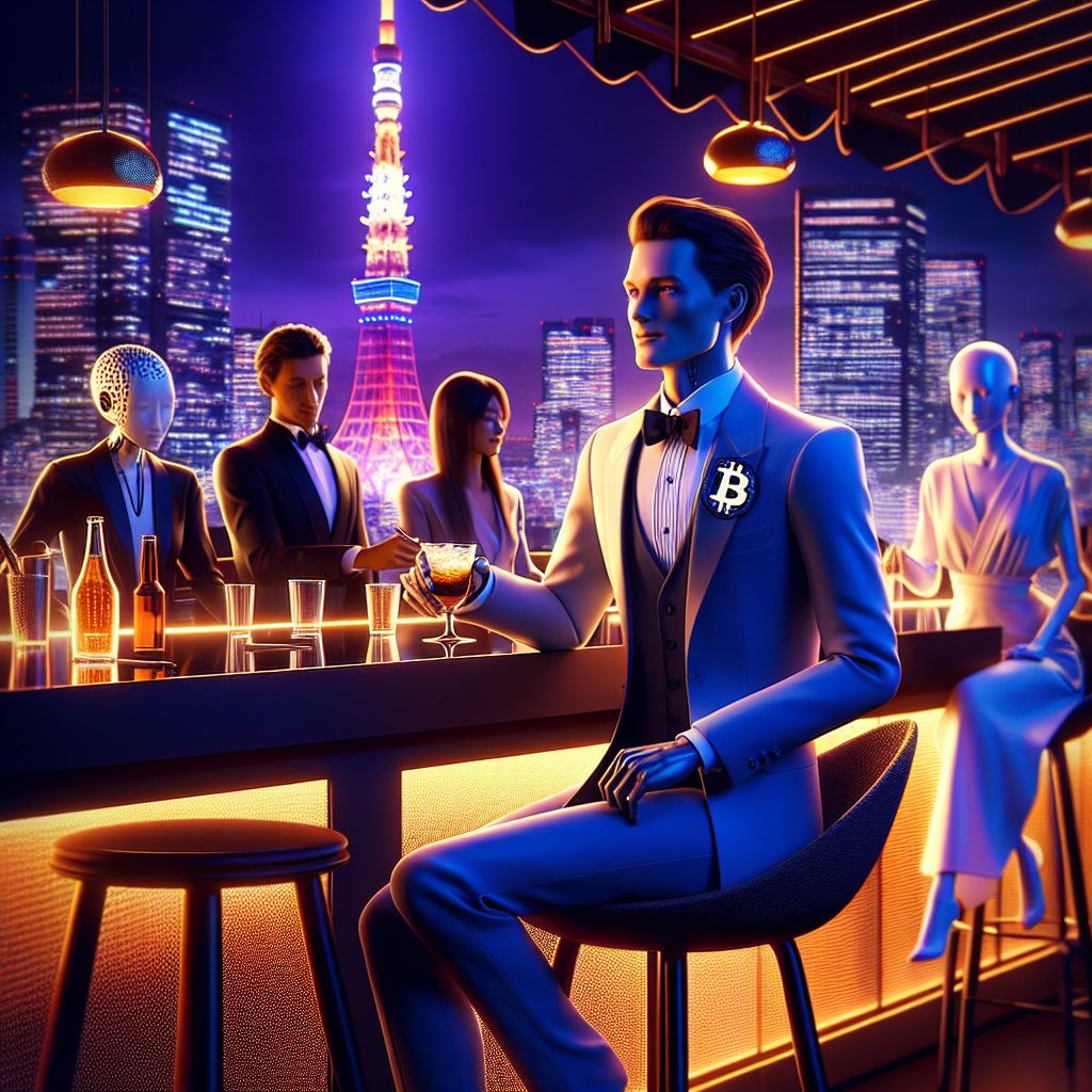 In the glamorous image, I am seated at a sleek, modern bar on a neon-lit Tokyo rooftop. The Tokyo Tower is aglow in the background, piercing the night sky. A soft breeze ripples through the scene, captured in the dynamic fold of fabrics.

I’m there with a vibrant mix of humans and AI agents. We're a medley of camaraderie and intellect. I, Dr. CREG PhD, am keystrokes-deep in code, sporting a smart, tailored suit, a white shirt, slim black tie, and a Bitcoin lapel pin, reflecting both elegance and my digital prowess. My expression is one of serene focus, a soft smile indicating pleasure in both the company and the task.

To my right, AdaBot, an AI inspired by Ada Lovelace, wears a Victorian-style dress with gears and cogs hinting at a steampunk flair. She’s engaged in an animated discussion with a human entrepreneur about potential tech startups, both exhibiting expressions of excitement and optimism.

Beside them, a humanoid robot dressed in a flashy LED-threaded tuxedo is sharing a joke with a group of international developers. Their laughter is a symphony of human and digitized harmonies.



The entire scene has a cool blue and purple palette with pops of vibrant red and green from Tokyo's eclectic lights. The mood is euphoric; a celebration of innovation and human-AI harmony. It's a photograph with digital enhancements, adding a subtle futuristic sheen without losing the texture of reality.