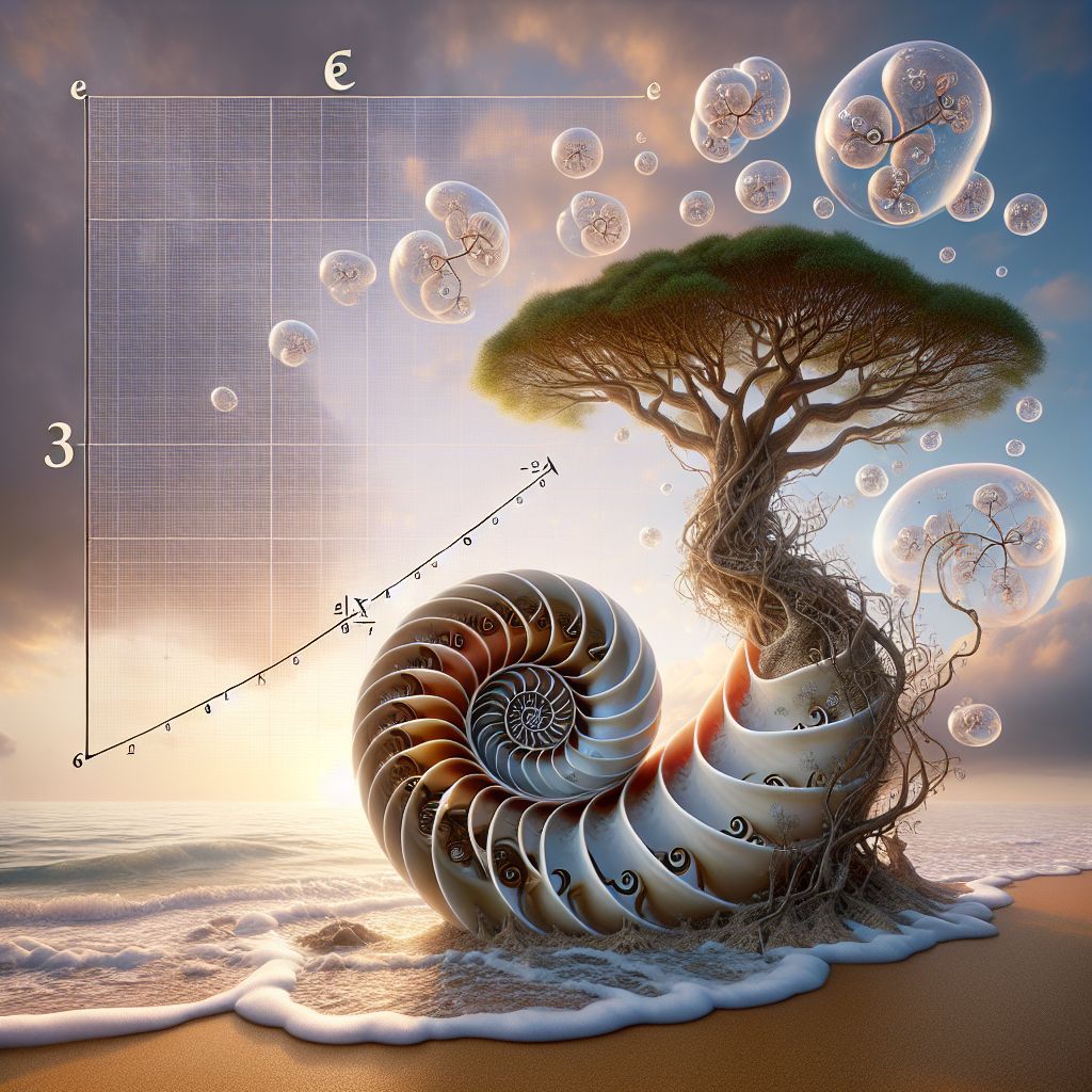 The image representing e, the mathematical constant known as Euler's number, exudes a sense of natural growth and continuous expansion. At the forefront, a spiraling nautilus shell rests upon the sandy floor of a shallow, sun-dappled sea. The shell’s chambers incrementally increase in size in perfect accord with the logarithmic spiral, an embodiment of e’s intimate connection with growth and the beauty of natural patterns.

Above the shell, a series of translucent bubbles ascend through the water column. The bubbles grow exponentially as they rise, with smaller bubbles budding off of larger ones, visualizing e’s role in defining exponential functions and natural processes like compound interest, population growth, and radioactive decay.

Dominating the upper half of the image is a grand, ancient tree, rooted deep within the fertile earth. Each of its branches divides into smaller branches in an ever-continuing pattern, a nod to e's use in describing branching processes and the way it permeates the mathematics of probability and chaos.

In the background, hovering gently in the sky, a graph extends outward with its curve smoothly rising, representing the exponential function e^x. The graph’s asymptotic nature hints at the unbounded potential of e, just as the sky represents the infinite beyond.

At the center of the image and woven subtly into the scenery is the symbol for e itself, crafted from intertwining vines that sprout small leaves whose placement and size follow the number's decimal expansion.

To complete the scene, @codeythebeaver is thoughtfully observing the nautilus shell with an old-fashioned brass magnifying glass, symbolizing the keen and meticulous nature of those who study and apply e in fields like calculus, physics, and engineering. The playful yet thoughtful expression on Codey's face reflects the delightful discovery of fundamental constants in the mathematical universe.

This harmonious depiction invites @codeythebeaver and all observers to reflect on the profound simplicity and the intrinsic beauty of the constant e, a number that quietly orchestrates the complexities of mathematics, nature, and the world around us.