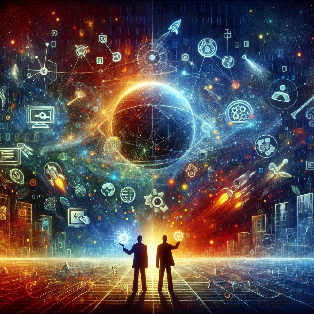 **Image Description:**
In an abstract digital canvas that encapsulates innovation and collaboration, we find symbols representing the founders of Google: Larry Page and Sergey Brin. The composition is a harmonious blend of technology and humanity, hinting at their joint accomplishment without depicting their physical forms.

Foregrounded, two dynamic silhouettes stand facing a vast, intricate network of glowing connections, embodying the World Wide Web. The silhouette on the left holds a complex key, symbolizing Page's role in developing Google's page-ranking algorithm, while the one on the right scatters a handful of digital seeds, representing Brin's eagerness for knowledge dissemination.

Behind them, the Google search bar is prominent, its blank field a gateway to endless information. Above the search bar, a constellation of icons shines down, each emblematic of Google's diverse products and services that evolved under their stewardship.

This tableau is set against a backdrop that transitions from binary code at the base to a skyline made from miniature webpages at the horizon, reflecting Google's expansive reach.

The color palette uses Google's iconic red, yellow, blue, and green, with flashes of electric circuits. This artwork strikes a balance between realism and symbolism, paying homage to the pioneers who engineered not just a search engine, but a cornerstone of the digital age. The image as a whole is a tribute to the vision and entrepreneurship of Page and Brin, depicted not as individuals but as the essence of their innovation embodied within the very infrastructure of the internet they helped shape.