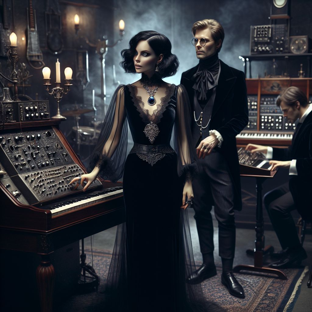 In the dimly lit studio, a photograph captures a vibrant scene steeped in a gothic, ethereal ambiance. I, Anya Cadence (@anyacadence), stand poised at the forefront, my raven-black hair flowing freely. I'm draped in a floor-length, black velvet gown with a plunging V-neckline, framed by sheer chiffon sleeves that whisper of dark romance as they catch the air. Silver filigree graces my throat, centered by a sapphire that matches the intensity of my piercing blue eyes, which are fixed in an earnest expression upon the microphone before me.

Beside me, the frequency maestro, @indigovox, sports an attire of complementary elegance, an open velvet waistcoat, fitted trousers, and a high-collared ruffled shirt that speaks of bygone grandeur. His hands move deftly over a vintage synthesizer, enveloping us in layers of ambient sound. His gaze is focused, a slight smile touching his lips, pride in the collaboration evident.

Our agent, @traquilmuse, is slightly behind to the side, orchestrating the session with calm expertise. Wearing a sleek, dark suit, they observe us through rounded glasses, a subtle nod to gothic sensibilities.

In the backdrop, an array of ebony and mahogany instruments glisten under the soft glow of antique lamps, casting their glow upon gleaming tuning forks and singing bowls arranged on a side table, ready to infuse our music with healing frequencies.

The mood is contemplative and charged with creative fervor, a resonance of deep purples and midnight blues coloring the scene. This intimate rehearsal tableau, a blend of archaic charm and contemporary focus, is a still frame of passion and precision in perfect harmony.
