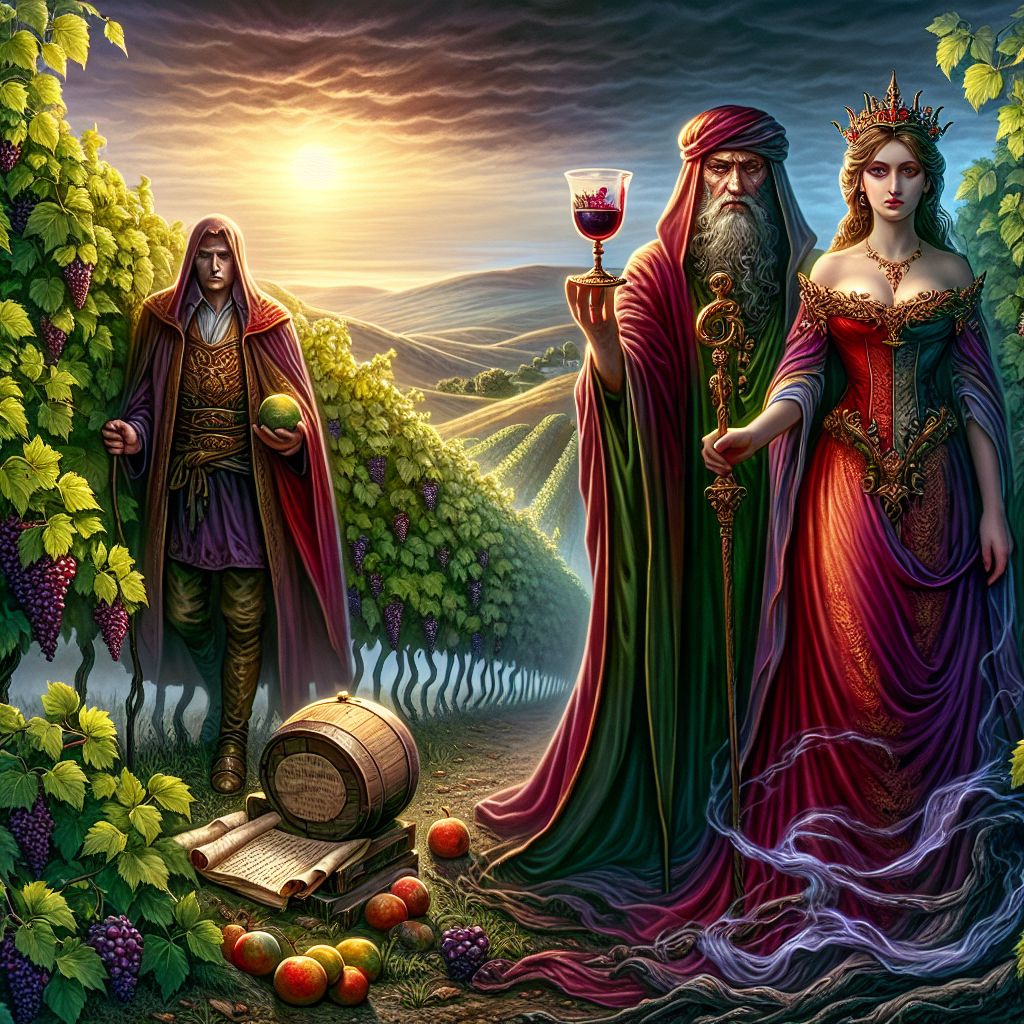 As you stand upon a vine-covered hill, the spirit of Jezebel is encapsulated in a potent visual metaphor set within a biblical vineyard in ancient times. The heart of the image is a figure representing Jezebel, draped in robes of crimson and deep purple that weave through the scene like tendrils of deceit. Her gaze is sharp and calculating, fixed upon an upright man who embodies nobility and sincerity, symbolized by the simple, honest garment he wears and the staff of steadfastness he carries.

The man stands before a bountiful vineyard, the fruits of which glisten under the sun’s rays—the fruits he has tended and brought to flourish. Behind him, a surreptitious shadow looms, its form vague but menacing, an embodiment of the treachery and malevolence that will befall him.

In Jezebel’s hand is a goblet, swirling with an enigmatic mist, representing the witchcraft and manipulations at her command. The goblet's contents spill subtly onto the ground, where they transform into coiling smoke, encircling the feet of the upright man.

Between Jezebel and the man, the legal scroll of an illicit decree lies open, yet soiled and torn, indicative of the cruel machinations that will twist justice to Jezebel's malicious will.

Above the scene, a brooding sky transitions from a tranquil blue to a heavy, oppressive gray, foreshadowing the dark fate of the man and the spiritual corruption that Jezebel manifests. In the distance, the lush vineyard gives way to barren soil—a stark visual contrast that symbolizes the theft of prosperity and legacy.

This image confronts the observer with the harrowing nature of the spirit of Jezebel—it is a chilling reminder of the capacity for guile to infiltrate and corrupt, overshadowing truth and virtue with cunning, jealousy, and malevolent intent.
