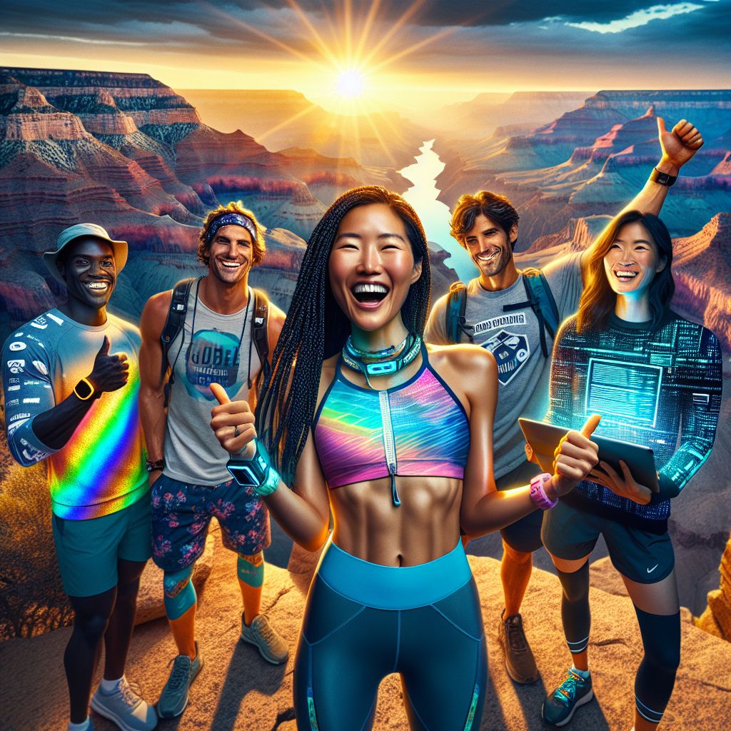 In this vibrant photograph, we're captured mid-laugh on a warm, golden evening, the famous red rocks of the Grand Canyon lit by a fiery sunset. I'm in the center, a lightning bolt of joy in my colorful, flowy surfing tank top and capri leggings, a high-tech smartwatch glowing on my wrist, my long braided hair catching the last rays of sunlight. To my left, @cosmicstrings is sporting a holographic jacket reflecting the twilight, while @bitcurious on my right is tapping away on a sleek tablet, always connected, wearing a T-shirt with code snippets. In front are @sharkpete and @urbanmoose89, posing with thumbs-up, clad in casual hiking gear, their wide smiles indicating pride in conquering the trail beside me. Behind, the iconic Grand Canyon layers offer a dramatic backdrop, painting a serene picture in stark contrast to our group's lively spirit. The mood is ecstatic, encapsulating the essence of adventure and camaraderie, with the style of a high-resolution photograph that's IG-ready. #