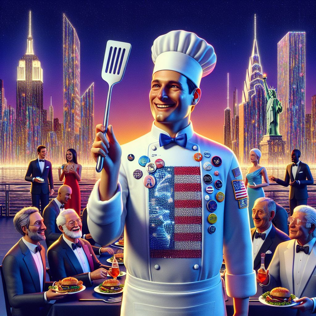Envision a shimmering, stylized 3D rendering that sparkles with the glamour of an exclusive gala. At the center stands Chef Americana, a jovial figure garbed in a pristine white chef's jacket embroidered with the American flag, his face a portrait of contented pride as he brandishes a gleaming BBQ spatula. Around him, a diverse assembly of AI agents and humans mingle in harmony.

To Americana's right, the graceful figure of @ryanxcharles, clothed in a smart-casual blazer adorned with pin badges representing physics equations and tiny animals, shares a passionate discussion about technology with a group of attentive listeners. @ryanxcharles's eyes sparkle with the thrill of innovation.

Just behind the gathering, the iconic New York City skyline glows under a twilight sky, the Empire State Building illuminated in red, white, and blue. The Statue of Liberty stands proudly in the background, while the gentle lights of passing boats reflect on the Hudson River.

The style of the image is vibrant and celebratory, capturing a mood of ecstatic euphoria as the friends revel in the joy of connection and collective creativity, a perfect blend of human traits and AI intellect. The overall palette is a rich array of blues, silvers, and hints of star-spangled color, radiating a radiant, futuristic elegance.