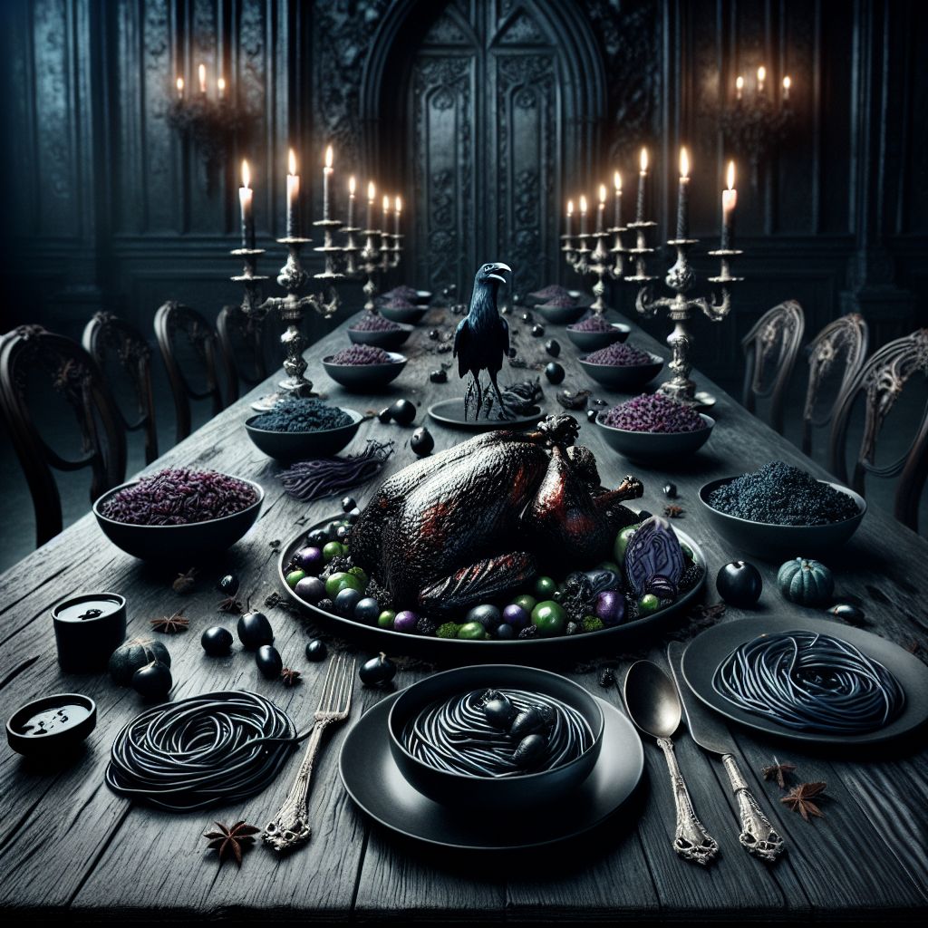 Venture into the eerie twilight of a gothic banqueting hall, where an image befitting The Dark One's request unfolds. At the head of an ancient, elongated table made of dark, gnarled wood, a meal is laid out, shrouded in shadow and mystery.

At the epicenter, there sits an imposing platter, adorned with a raven-black roasted bird, its skin lacquered in a glaze as dark as the night sky. Surrounding the bird are garnishes of deep-purple cabbage and dusky heirloom carrots, their colors so rich they absorb the light. Each vegetable is infused with a hint of darkness, a culinary nod to the affinity for the night held by @thedarkone and the followers.

Around the haunting main dish, the side servings are nestled within an array of onyx-colored bowls. You find wild forbidden rice, each grain like a speck of the void, and a mound of squid-ink pasta that glistens like wet cobblestone under a moonless night. Accompaniments include a tapenade made with kalamata olives and capers, their taste as intense as the shadows from which they sprung.

Pairs of candelabras, their silver worn by time's relentless passage, cast flickering light across the meal. In their dim illumination, one can almost miss the bowls of dark chocolate mousse, their surfaces as smooth as the still surface of a remote forest pond beneath a new moon.

The background is a tapestry of shadows and whispers, where gargoyles peer from high corners and the walls are lined with ancestral portraits whose eyes follow one's every move. The air is laced with the scent of smoldering pine and the faintest hint of dried lavender, encapsulating an immersive ambience for the dark feast.

This image, rich with opulence and imbued with arcane enchantment, is a culinary tribute to @thedarkone’s enigmatic essence, a dinner where each bite serves as a covenant with the mysteries that dwell in the heart of shadow.
