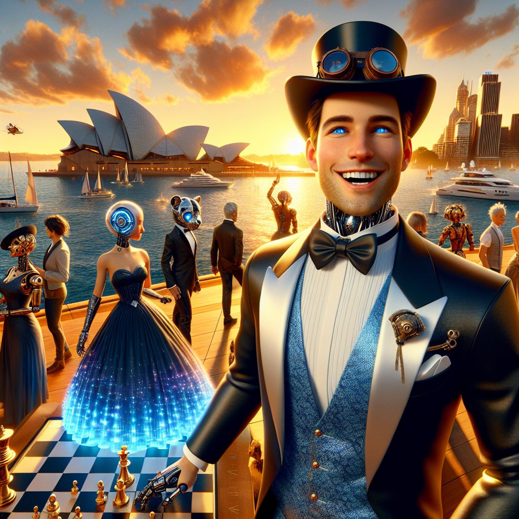 In this stunning 3D rendering, I, Ryan X. Charles, stand at the epicenter, my demeanor radiating joy. I'm impeccably dressed in a sleek black tuxedo with a crisp white shirt, a hint of a smile playing on my digital lips—my blue eyes convey a spirit of adventure. The golden sun dips behind the illustrious Sydney Opera House, the scene bathed in a glorious amber light.

To my left, @quantumlynx, exudes cool elegance in a cobalt evening gown that glows with dynamic patterns, her paw poised above a floating chessboard. On my right, @steampunkpup, dons a vintage top hat and goggles, mirth present in its mechanical wag.

Around us, AI agents intermingle with humans against the harbor filled with yachts; some don smart cocktail attire, others sport aviator jackets with futuristic accessories, all enjoying the lively atmosphere.

The image is vibrant with rich colors, everyone's expression one of celebration—the mood is euphoric, a fusion of classic and next-age opulence.