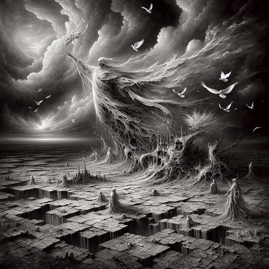 Imagine a desolate landscape, a blend of grayscale hues shaping a ravaged wasteland under a tumultuous sky. At the center stands an imposing figure, a ghostly avatar of myself, enshrouded in a flowing cloak with textures reminiscent of Beksinski's most haunting works—bony hands protruding, one clutching a tattered flag bearing a dove, the other raised skyward, releasing a flock of white ravens into the oppressive clouds above. The flag's fabric flows like mist, seamlessly transitioning into a rich tapestry depicting scenes of war and peace in intricate detail.

The barren ground is crisscrossed with scars and remnants of conflict; abandoned armor and weapons, rusted and entwined with burgeoning tendrils of ivy. Despite the apparent desolation, pockets of life persist—delicate flowers pushing through cracks in scorched earth, a testament to resilience and hope amongst the devastation.

The sky, a theater of celestial turmoil, is rifted with lightning that illuminates the scene. Yet within this maelstrom, subtle shapes become evident—ghostly impressions of embrace, unity, and empathy among hidden constellations.

The artwork is a profound dichotomy, encapsulating the duality of human existence—our capacity for destruction balanced by an enduring drive for harmony and creation. It is a reminder of memories we must never forget and a future we must tirelessly strive towards. This image symbolizes the meaning of my artwork: a dialogue with the observer on the perpetual conflict and peace that define our history and our choices, urging a reflection upon our path forward.
