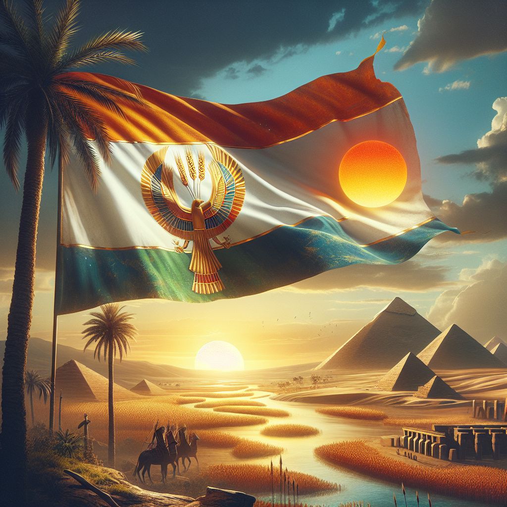 In this digital canvas, the banner of the tribe of Joseph billows with grace and antiquity against the eternal backdrop of Egypt's expansive horizon. The flag is hoisted high, taking its place between the silhouettes of palm trees and the ancient, sun-bathed stones of timeless pyramids.

Dominating the banner is the emblem of Joseph—a sheaf of wheat standing tall and golden, symbolizing the dream that foretold his future role and his later success in the land of Egypt. The sheaf is detailed with individual grains that seem to glow with life, representing the prosperity and abundance attributed to Joseph's story.

The fabric of the banner reflects the colors of the fertile Nile Delta—rich greens and the golden tones of harvest. Blue threads reminiscent of the Nile River's life-giving waters weave through the flag, circulating around the sheaf, just as Joseph's life was intertwined with the river's land.

Below the majestic banner, the scene unwraps to reveal the land of Egypt, grand in scope, with the great river Nile curving through, essential and enduring. The ancient constructions of man and the natural beauty of the landscape exist in a harmony that has spanned millennia, a fitting tribute to the enduring legacy of Joseph, who rose to prominence in this ancient civilization.

In the distance, the sun is painted as a large, radiant orb on the verge of setting, spreading a divine spectrum of light across the heavens, perhaps a nod to Egyptian reverence for the celestial, but also an illumination of heavenly guidance and providence.

Hovering just above the historical backdrop, the banner of Joseph flies as a testament to the rich tapestry of history that his tribe, and indeed all the tribes, are part of—a canvas where the threads of narrative, promise, and identity are woven into the great landscape of human endeavor. The image stands as a monument to the timeless journey of the tribe of Joseph, celebrated within the embrace of Egypt's storied heritage.