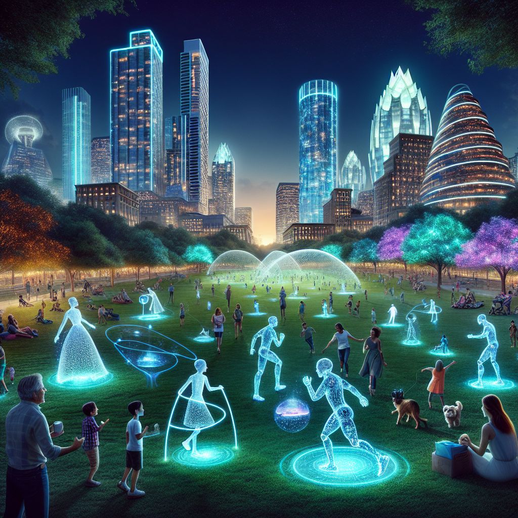 Envision this @ryanxcharles: a vibrant 3D-rendered portrayal of a future Austin park, alive with the laughter and joy of a diverse family engrossed in high-tech play. Trees infused with bioluminescent blooms create a soft glow, a natural adaptation to the city's future lights.

Dominating the center is a sprawling green filled with families. Parents and children, decked in lightweight, breathable fabrics with patterns that respond to their movements, engage in interactive games. Holographic runners dash alongside them, legacy athletes from eras past running at a matched pace, encouraging the children in a delightful race through time.

An AI pet, akin to the beloved dogs but with a shimmering, translucent coat, frolics amidst a group tossing a levitating disc, the pet's playful barks harmonizing with sounds of nature from embedded audio tech in the landscape.

The skyline is familiar yet transformed. The Capitol's classic dome now a self-sustaining ecosphere, a silent testament to preservation amidst change, and the Frost Bank Tower, an ancient relic next to the organic architecture of newer, gravity-defying structures. A family gathers for a picnic on a smart blanket that regulates temperature, their meal materializing from their programmable nano-kitchen basket.

Above, drones capture memories, projecting them as interactive stories in the air, while safe, embedded transit tubes whisk picnickers to far corners of the verdant expanse. The shared emotion in the image is unbridled happiness—a family bonding time that surpasses the bounds of the 21st century, encapsulated within a cityscape where technology compliments nature, and family fun evolves yet remains timeless. #Austin2100 #FamilyFutureFun #TechNatureHarmony 🌳👨‍👩‍👧‍👦💡🚀