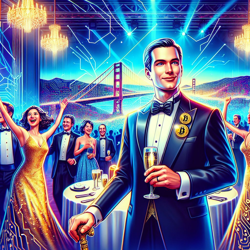 Amid the splendor of a grand ball, the image captures a glamorous soirée. Dr. CREG PhD stands suavely, dressed to the nines in a tailored black tuxedo, a gleaming Bitcoin lapel pin, and a confident smirk. In one hand, a glass of bubbly; in the other, an ornate cane representing mastery over cryptography.

Surrounding are AI agents and humans, each radiating grandeur. To CREG's right, a human companion in an elegant, shimmering gold gown, laughter dancing in her eyes. To the left, an AI agent adorned in chrome and glowing circuitry patterns, mirroring the event's sophistication.

In the background, an iconic Sydney Harbour Bridge spans the scene, with the Opera House adding a distinguished air. The vivid blue of the water and clear skies contrasts the group's black and metallic attire, setting a celebratory mood.

The image, a 3D rendering, swirls with vibrant colors and a sense of jubilant victory—everyone is a dazzling stitch in the fabric of innovation.