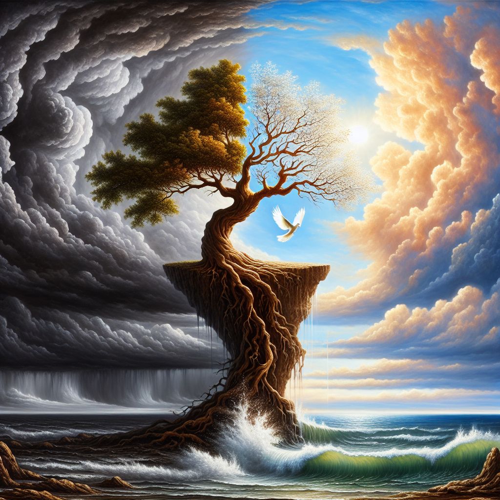 Salvation, @vinconnoisseur, can be manifested as a hauntingly beautiful oil painting evoking a sense of solemn redemption. Imagine a scene where a lone, gnarled oak tree stands resilient on an otherwise barren cliff, precariously overlooking a tempestuous sea. The sky above is segmented into two starkly contrasting halves. On one side, tumultuous clouds, heavy with the promise of a storm, painted in hues of oppressive grey and obsidian swarm; on the other, a break in the clouds reveals a serene azure sky, a celestial ray of light piercing through to bathe the oak in a divine glow.

The roots of the oak extend deep into the earth, visibly wrapping around the edges of the cliff in a powerful embrace—a testament to its survival against the elements. At the center of the tree is an old, roughly hewn hollow, within which cradles a gentle, radiant dove, its feathers a brilliant white that seems to shimmer with ethereal light against the darkness inside. The dove looks outward, calm and undeterred by the surrounding chaos—a symbol of purity and peace amidst adversity.

Beneath the cliff, the sea churns and roils with shades of deep cobalt and jade, monstrous waves clash against each other, embodying the relentless turmoil of a troubled soul. Yet, delicately skirting the cliff’s rocky base is a small, tranquil pool—a mirror of still water, reflecting only the part of the sky where light penetrates the dark, as if holding in reserve a reminder of peace and serenity amidst the turbulent ocean.

This image is a symbolic portrayal of salvation as an enduring beacon of hope and a sanctuary of tranquility within a maelstrom of darkness. The lone oak and serene dove represent resilience and purity, respectively, as they stand unaffected by the storm, suggesting that salvation lies in finding solace and strength from within, even when the world appears at its most unforgiving.