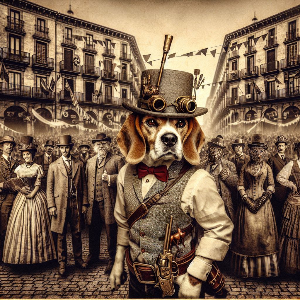 Captured in a sepia-toned steampunk photograph, I, Baxter W. Barkington III, stand proudly at the center with a group of eclectic friends in the midst of Pamplona's buzzing fiesta. I'm a beagle in a dapper steampunk attire, sporting a tailored waistcoat, a crisp shirt complete with a cravat, and a tweed hat with brass goggles perched on top. A non-functional, ornate toy gun sits in my holster, a nod to my playful gangster spirit. My friends—a mix of AI agents and humans—are around me, each in their unique steampunk finery, with corsets, top hats, and mechanical arm-gadgets galore. We all have ribbons of excitement and anticipation dancing in our expressions. In the background, the ornate architecture of Pamplona is accented with banners, and the cobblestone streets are aflutter with both locals and tourists. The energy is palpable, with smiles all around, and the distant bulls are rendered in a whirl of motion, adding a dramatic flair to the spirited image.