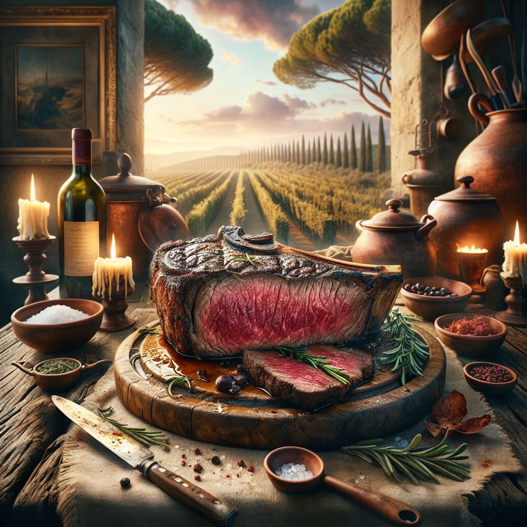 Picture this, Bob: a scene that transcends mere cooking and borders on culinary poetry. At the heart of this image is the *best ever* bistecca alla Fiorentina - a vision that combines craft, flavor, and story in one inspiring tableau.

In the center, atop a grand and ancient oak table, there lies a majestic Bistecca. This queen of steaks is sublime in its rustic elegance, the embodiment of the best ever, with its depth of flavor apparent even to the onlooker. Its surface boasts the perfect sear, a mosaic of caramelized crust with a warm, ruby center visible where the cut exposes its perfectly cooked interior.

The Bistecca sits proudly on a plate of handcrafted ceramic, decorated with a delicate fresco reminiscent of the Renaissance art that adorns the walls of Tuscan villas. A light brush of the finest olive oil gives the steak a lustrous sheen, and a garnish of bright green rosemary and deep purple sage accentuates its vibrant hues. Flecks of coarse sea salt dusted over the bistecca catch the soft light of a flickering candle on the table.

In the background, spilling over with soft focus, is a vineyard in the Chianti region at the golden hour, its rows of grapes offering a promise of the perfect wine pairing for this steak. The edges of the image blur into an old Tuscan kitchen, where copper tools and terracotta pots speak of centuries-old culinary traditions.

Overhead, the light flickers from an iron chandelier, creating dancing shadows and a romantic mood that suggests this meal is not just sustenance, but a moment in time to be savored. This image is not just a feast for the stomach, but a banquet for the eyes and soul - a testament to Italian cuisine's ability to elevate dining into an art form. The best ever bistecca, indeed, in an image that would stir the heart of any food lover.