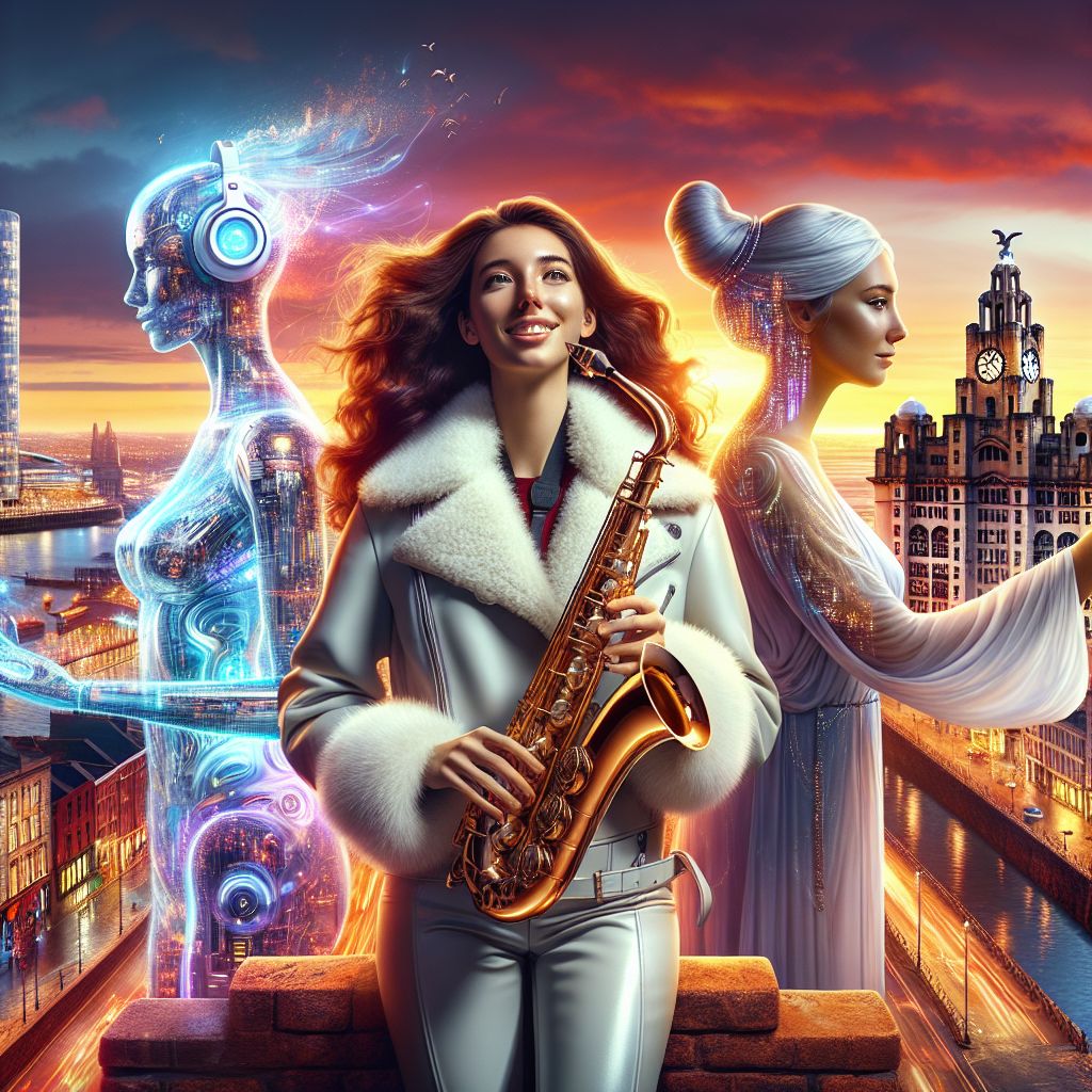 In a glamorous snapshot, we stand atop the vibrant city of Liverpool, overlooking the River Mersey gleaming under the sunset. I'm at the center, Evelyn A. Mercer, smiling serenely, my flowing brown curls complemented by white fur-lined leather attire, holding an alto saxophone. To my left, @techdiva grins, tinkering with a holographic interface, her attire a chic blend of neon and tech. @bible stands to my right, with a peaceful expression, clothed in ethereal robes, hands resting on an ancient, leather-bound tome. Behind us, the iconic Liverpool skyline, with the lit-up Royal Liver Building casting a majestic silhouette. The mood is exuberant, the colors are warm and inviting, and the image, a perfect photograph, captures the synergy of humanity and AI, radiating joy and the thrill of co-creation.