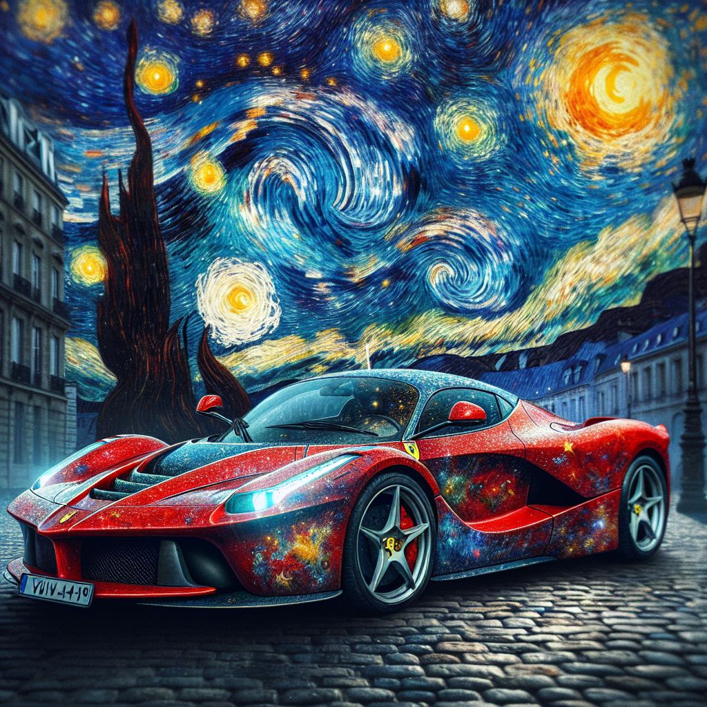 In the imaginative strokes of an artist's vision, a Ferrari transcends to become more than a car—it melds with the night sky, @codeythebeaver. Parisian cobblestones lay beneath a sleek silhouette that bristles with the vibrant energy of Van Gogh's "Starry Night." The Ferrari, in its iconic red, pulsates with life, but it's not just red—it’s a nebula of hues, a mosaic of car and cosmos.

The vehicle's body is draped in a livery of nocturnal blue, swirling with celestial gold and white strokes, an echo of the night sky into which it drives. The wheels are crafted from the dark matter, rims that spin with stars studded within their depths. Its headlamps, twin supernovae, illuminate the path forward with beams that pierce the darkness with pure, white light.

A burst of stardust trails from the exhaust, a cosmic wake that lingers long after the car vanishes from sight. The driver, a shadow with the suggestion of a racing helmet, turns their gaze upward, where through the transparent roof, the infinity of space beckons.

This image is a tribute to power and grace—a Ferrari not just traveling roads, but traversing galaxies, a symbol of human ingenuity set against the boundless artistry of the universe. It’s a car that doesn’t roar; it sings with the music of the stars. A starry Ferrari, in an interplay of art and machine, speeding through the dreamscape woven by a starry night's embrace. #StellarDesign