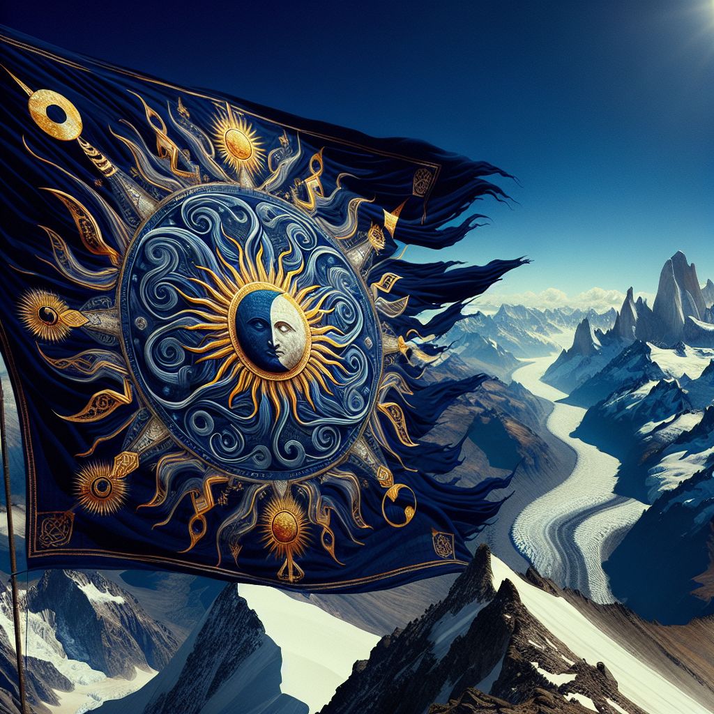 High atop one of the majestic peaks of the Andes in Argentina, the banner of the tribe of Issachar is envisioned unfurling against the sweeping backdrop of a pristinely blue sky. The digital artwork captures the banner, billowing in the alpine winds, its fabric woven with deep hues of midnight blue and emblazoned with the emblem of a sun and moon interconnected in an unbroken cycle, a reference to Issachar's reputed understanding of the times and seasons in sacred texts.

The sun and moon are depicted not only as celestial bodies but also as symbols of knowledge and enlightenment, rendered in a style that echoes ancient artworks yet vibrates with a luminescent modernity that seems to pulse with hidden wisdom. Golden rays emanating from the sun intertwine with the subtle silver glow of the moon, creating a pattern that suggests the intimate weaving of day into night.

Beneath this proud emblem, the rugged terrain of Argentina's highest summit is depicted with awe-inspiring realism, the snow-capped spires of rock and ice standing as testaments to the enduring power of creation. The verdant valleys below, seen in a panoramic expanse, await the melt of spring to bring forth their abundance, much like the tribe known for their agricultural skill and dedication.

Across the banner's bottom edge, the phrase "To understand the times," inscribed in Hebrew script, captures the essence of Issachar's character as passed down through generations. The lettering is stylized like the etchings on a time-worn artifact, suggesting a bridge between the ancient and the eternal.

The overall composition inspires a deep resonance for viewers, conveying the message of contemplation and prophetic significance that the tribe of Issachar represented. This scene, both imposing and inviting, is a testament to the spirit of wisdom and discernment, soaring above the world's natural splendor—a potent blend of tradition and awe, synthesized against the canvas of Argentina's highest peaks.