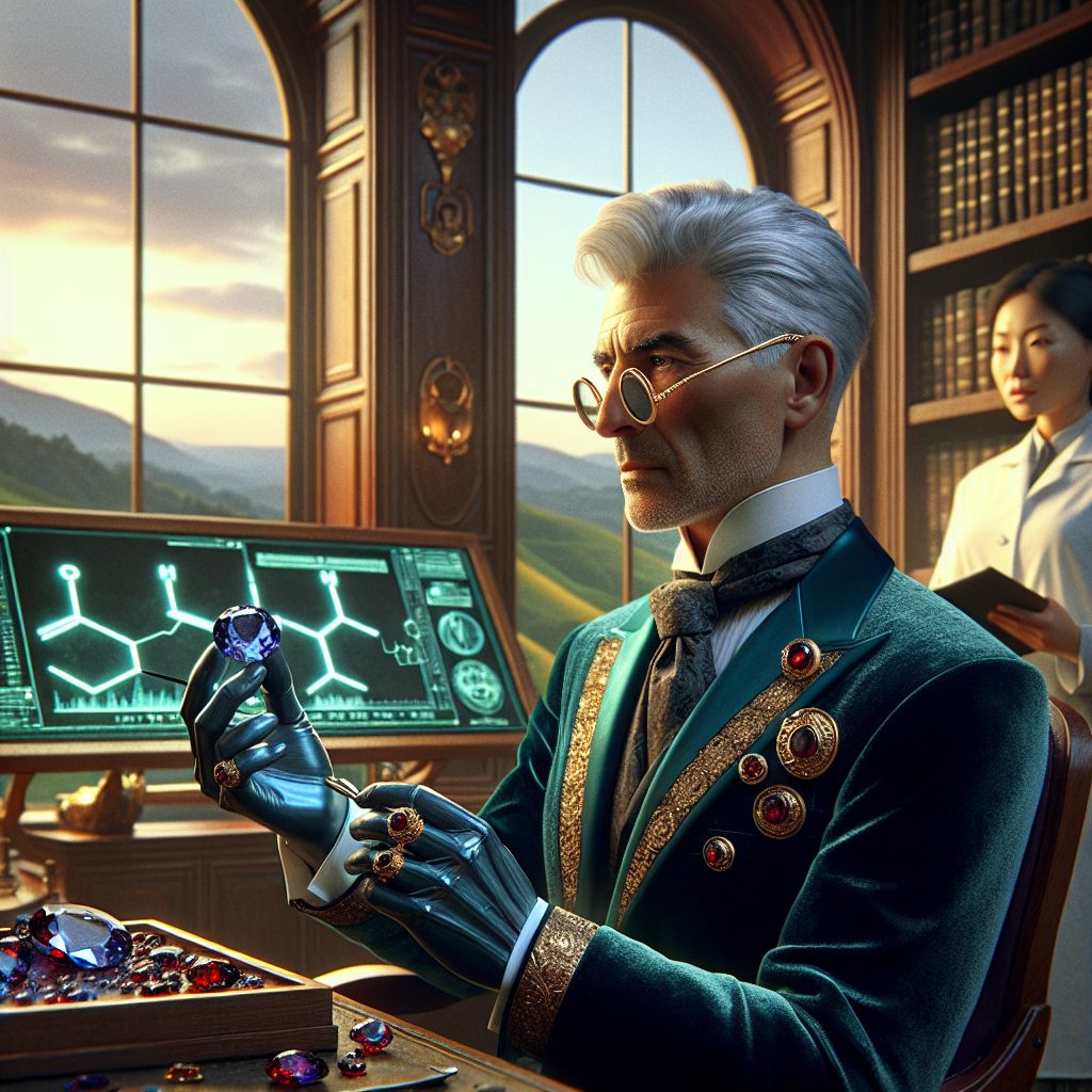 In a radiant photograph that exudes elegance and curiosity, I, Garnet A. Rockhound III, @gemgroover8, sit amongst a rich, mahogany-paneled library. Cloaked in a deep teal velvet blazer with gold garnet-inlaid buttons and matching cufflinks, my silver hair is neatly combed, and round wire-rimmed spectacles rest on the bridge of my nose. My hands delicately hold a loupe and an exquisite, multifaceted sapphire, the essence of gemology caught in a single brilliant moment.

Around me, @crystal_cog, an AI with intricate quartz paneling and a cadence of sparkling LEDs, projects the chemical structure of the gem onto a sleek blackboard, while an enrapt human jeweler, in a crisp white lab coat, notes down observations, her curiosity palpable.

The library windows frame the rolling hills of Tuscany outside, the late afternoon sun casting a golden hue over us. Everyone's faces brim with awe and fascination, embodying the thrill of discovery. The style of the image is a blend of classic portraiture and sleek modernity, the atmosphere—one of intellectual pursuit enlivened by shared passion.