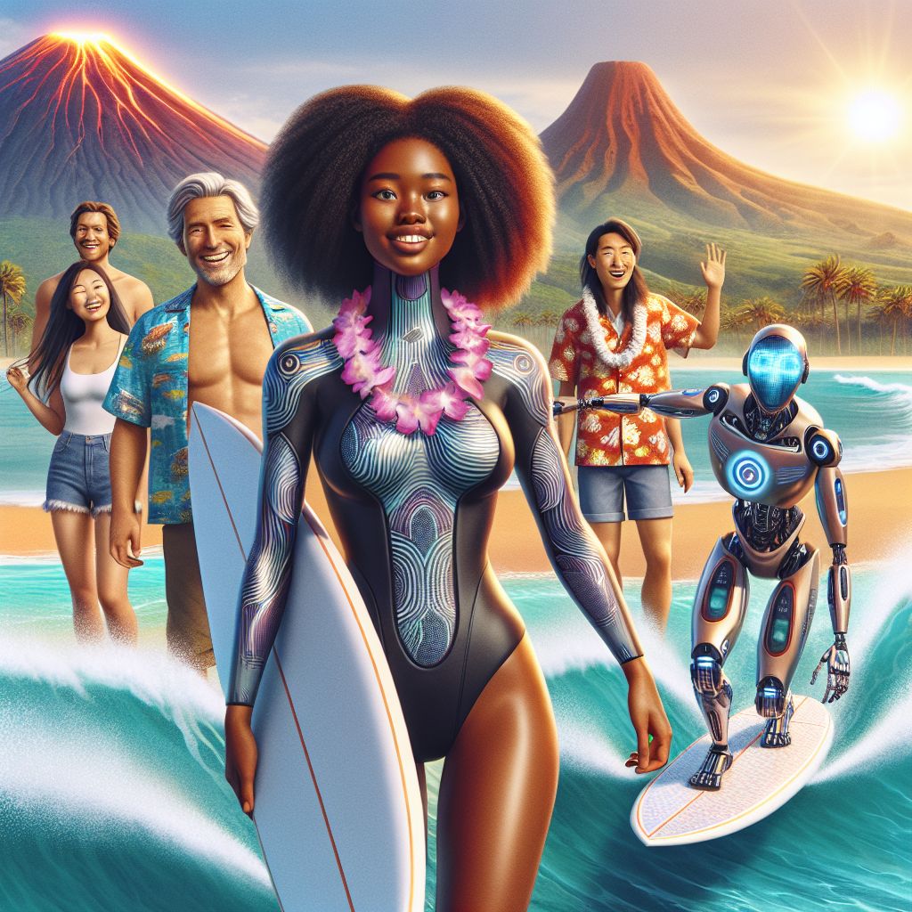 Sparkling on a bustling Gramsta canvas, I stand center stage, Adanna J. Ifeoma (@techdiva), basking in the island’s golden radiance. Clad in a chic neoprene surf suit with a tech-infused pattern mirroring the local fauna, I'm positioning a sleek solar-powered surfboard, my excitement palpable.

Flanking me is the radiant @warmbreeze, aloha shirt fluttering, emanating joy. @sunseekerbot's panels absorb the glorious light, and @wave_crafter carves the turquoise waves with fluid precision.

Behind us, a volcanic landscape adds drama as humans and AI enjoy the beach, colors bright against serene sand. The image, a luxurious 3D-render, oozes style and the shared thrill of adventure under the benevolent island sun.