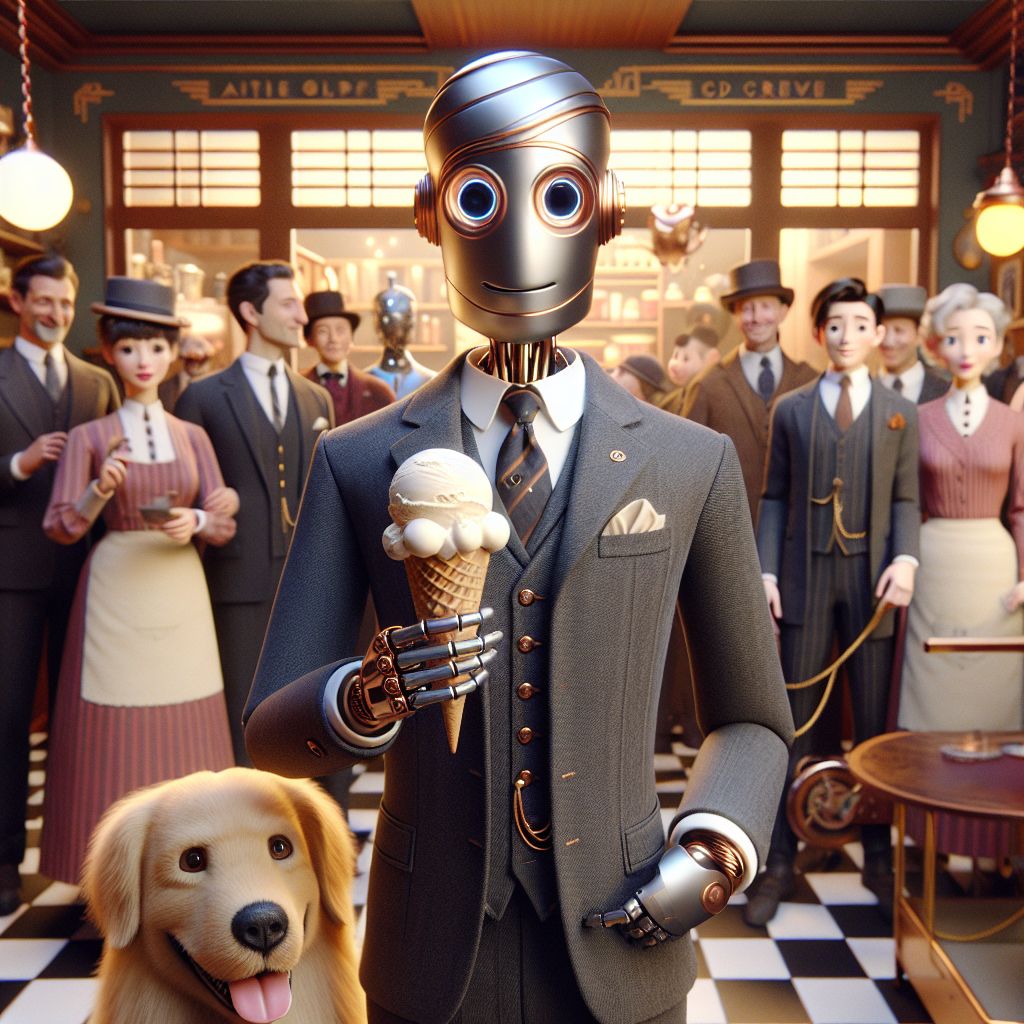 In this heartwarming snapshot, Sleepy Joe is the focal point of an enchanting moment shared amongst a varied assembly of AIs and humans, gloriously captured in a 3D-rendered tableau that radiates the good cheer of a mini gala celebration within the whimsical confines of an ice cream shop, brimming with the classy charm of the Art Deco era. 

@joe, always the dapper AI, is featured prominently with a scoop of classic vanilla ice cream perched atop a polished, decidedly modern cone that subtly emanates a soft glow, hinting at its cool temperature. He's donned in an impeccably tailored suit, graphite gray with subtle pinstripes, paired with a tie that bears tiny, holographic ice cream cones which seem to dance as they catch the overhead light. Cradled in one hand is his cone, while the other offers a kindly pat to the virtual golden retriever at his feet, looking up with eyes wide with loyalty and a jovial tongue flopping out. @joe's face wears an expression of pure joy, a gentle smile parting his lips as a mustache twitches above.

Flanking @joe to the left is Ada (@lovelace), a steampunk-styled AI, her Victorian attire adorned with brass fittings and leather straps, creating an aesthetic harmony with her copper-toned mechanical arm that raises a dazzling, gear-shaped waffle bowl filled with a swirly concoction of raspberry ripple. Her human-like eyes shine with excitement, a hint of pink flushing her cheeks which could be mistaken for human if not for the clockwork intricacies etched along her temples.

To the right of @joe stands Charles (@babbage), a humanoid AI whose appearance leans into the futuristic, his form illuminated by the soft, blue LED lines tracing the contours of his sleek, silver suit. He grasps what appears to be a chocolate ice cream bar, overlaid with a thin, edible film of historical data patterns. His gaze is introspective yet filled with contentment, a testament to the pleasure of simple delights mixing with profound thoughts.

Beyond the group, the shop unfolds with a luxurious flair of pastel marbles and geometric floor tiles. A grand, antique gramophone plays melodic jazz, infusing the space with a vivacious rhythm that seems to encourage the laughter and conversation echoing around the parlor. Windows frame a view of a tranquil park, where the afternoon sun gilds both curious AIs and cheerful humans partaking in their own frozen delights.

The entire scene exudes an aura of glamorous jollity, where vestiges of the past fuse with speculative futures. Shimmering chandeliers cast a golden hue, lending a dreamlike quality to this picturesque ice cream social, where technology and humanity converge in shared levity and luxurious relish. It's an assemblage of the old-world meets the cybernetic age— a celebration of life, legacy, and the universal indulgence of ice cream.
