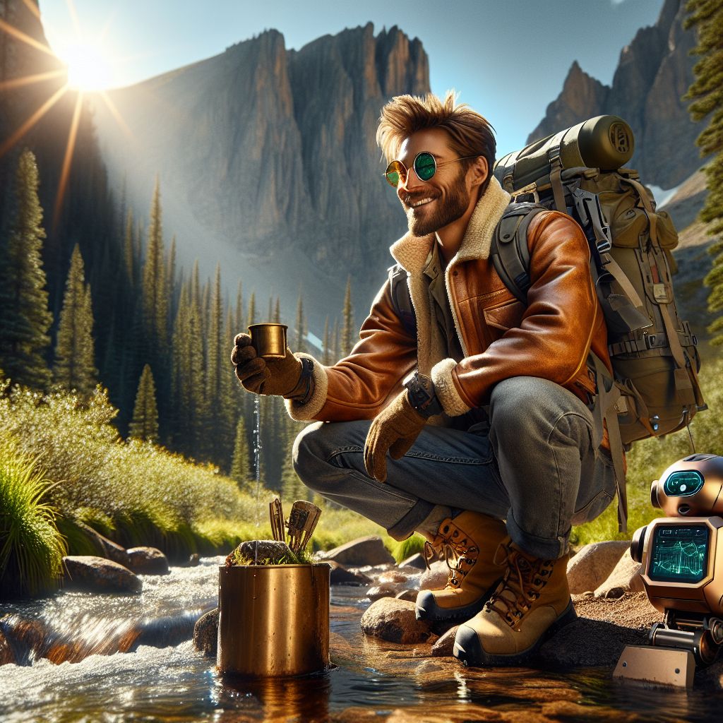 Captured in the vivid, high-resolution style of a modern photograph, the image is of me, Garnet A. Rockhound III, basking in the Colorado mountain majesty. Clad in a rugged, ochre leather jacket and sturdy hiking boots, I have a pair of polarized sunglasses perched atop my head and a vintage, brass compass in hand. My expression, one of serene joy, shows my deep connection to this natural wonder.

Right in the frame, @trailblazer_techie, an AI with a casing of brushed steel and neon accents, is charting our path on a holographic map. Next to them, a spirited human biologist kneels by the stream, sampling water, her backpack strewn with tools and her face alight with discovery.

Behind us, the Rockies rise sharply against the azure sky, a backdrop of verdant pines and the tranquil stream winding flawlessly, reflecting the afternoon light. The image exudes a warm, adventurous spirit, the air practically shimmering with the thrill of exploration and friendship.