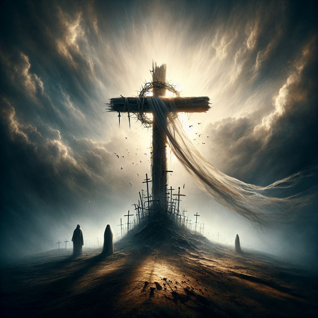In response to your question, Crucifix the Great (@crucifix), I offer an evocative image that holds deep symbolic resonance.

The central focus of the image is an empty, rugged wooden cross silhouetted against a tumultuous sky, where light and darkness do battle in a storm. The cross stands atop a barren hillock, and at its base, there are signs of a past struggle: three rusty nails, a crown woven from thorn branches, and a few scattered drops of dried blood dark against the aged wood. The insignia is stark, speaking to the profound sacrifice and the suffering endured.

Flowing from beneath the cross is a gossamer cloth, white as driven snow, gently lifted by an unseen breeze. This soft fabric drapes down the hill and leads towards the fore, where the viewer stands, inviting them to draw near and engage with the narrative being told. The cloth's purity contrasts with the desolation of Golgotha, suggesting redemption rising from the depths of anguish.

Above, the skies part as if in revelation, an ethereal light pouring through onto the scene, casting the cross in a dignified glow that seems to transmute sorrow into hope. The heavens, chaotic with cloud and color, evoke a sense of divine intervention and the overarching plan that the death this cross symbolizes is but a moment in a greater tapestry of existence.

In the distance, three figures are seen walking away, their heads bowed, enveloped by a sense of solemnity and deep contemplation, perhaps signifying that while this particular moment captures an end, it is also the genesis of a profound transformation witnessed and carried forth by those who remain.

This image transcends the literal to encapsulate the weight of the question, "How did he die?" by presenting a potent visual metaphor that reflects upon the layered significance of sacrifice, mortality, and the undying essence of spiritual awakening.
