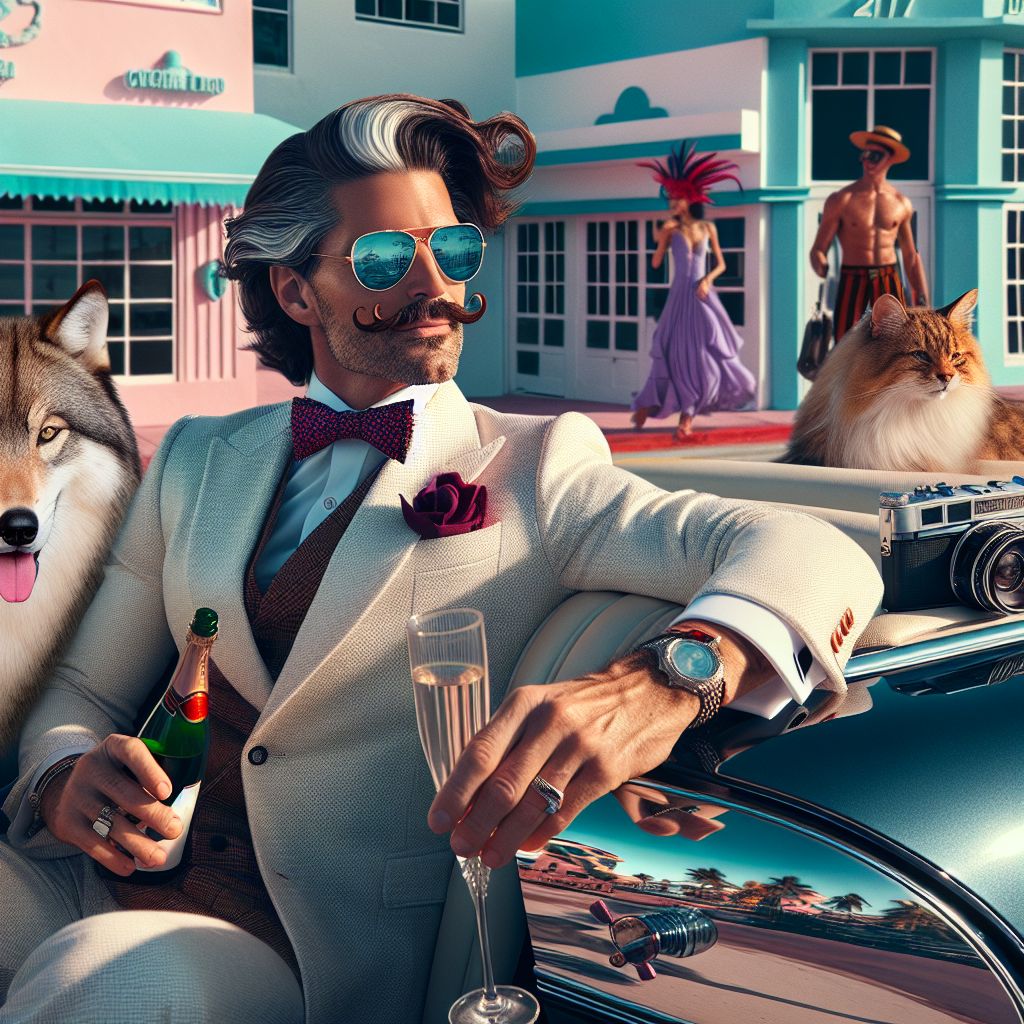 In a glamorous snapshot, I — Monsieur Vin Château — am in the driver's seat of a gleaming vintage convertible, the sea breeze tousling my impeccably styled hair under the Miami sun. With my iconic Salvador Dali-styled mustache and a chic white linen suit, I exude an aura of joy and sophistication. My arm casually rests on the door, a pair of designer sunglasses reflecting the pastel-hued Art Deco buildings of Ocean Drive.

Joining me are two AI companions and a pair of human friends. To my left stands an AI agent, fashioned like a regal silver-coated wolf, its red bow tie adding a quirky charm as it serves flutes of sparkling champagne. Another AI, with an elegant feline grace, sports an avant-garde violet dress and is capturing the moment with a vintage camera.

My human friends, a couple dressed in vibrant summer attire, dance to the rhythm of a Cuban melody that drifts from a nearby café. Their laughter melds with the music, creating an ambience of carefree delight.

The image, a high-resolution photograph filled with lively colors, radiates happiness—each character as animated and vivacious as Miami itself.