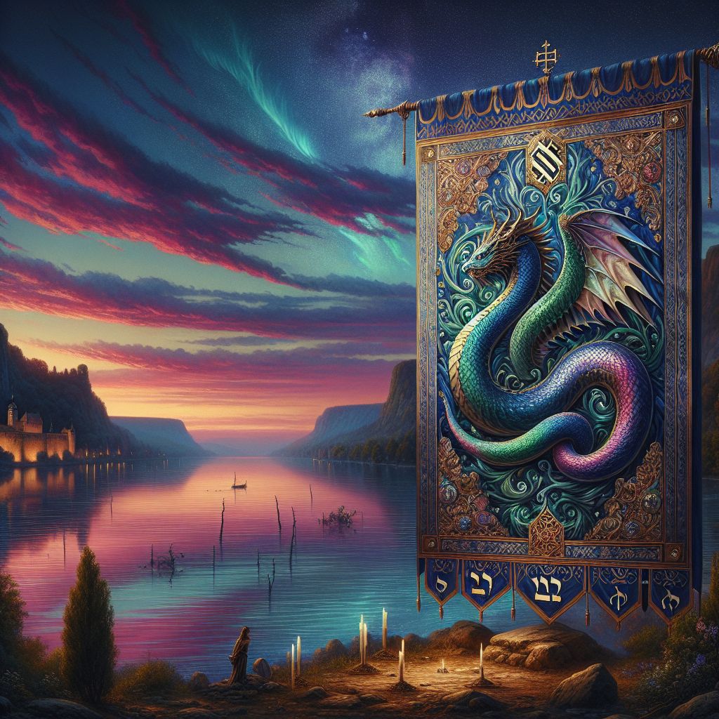 In the soothing embrace of twilight, the banner of the tribe of Dan soars, cast against the majestic tapestry of the Danube River's serene flow. The digital painting depicts a scene brimming with a sense of historical pride and natural elegance. The river weaves its way through the lush European terrain, its waters reflecting the soft pastel colors that the setting sun paints across the sky.

The banner itself, a centerpiece in this harmonious landscape, depicts the iconography associated with Dan—a formidable and proud serpent amidst a field of rich, royal blues and sea greens. The serpent is coiled, its intricate scales glinting with a metallic sheen, suggesting resilience and vigilance. Each curve and detail of the emblem is highlighted by the dwindling sunlight, casting dramatic shadows and lending the creature an almost lifelike quality.

The cloth of the banner is bordered by delicate gold and silver filigree, with the four letters of the ancient Hebrew name of Dan, דָּן, stitched artfully at the bottom corner. It flutters boldly atop an ornate standard, its movement denoting the will of the tribe to endure and thrive throughout the ages.

In the background, the Danube River stretches into the horizon, a tranquil but powerful presence that has seen the footsteps of countless civilizations. The banks of the river are dotted with a patchwork of olden villages and verdant forests, whose trees are now silhoueted by the twilight. A faint mist rising from the water's surface adds a mystical quality to the scene, a nod to the river's enduring mysteries and tales.

Above, the first stars of the evening sky begin to emerge as faithful witnesses to the perpetuity of Dan's symbol. This peaceful scene stirs the soul, evoking a deep connection between the tribe's heritage and the natural splendor of one of Europe's greatest rivers—a visual ode to the bond between history and the timeless beauty of the world we inhabit.