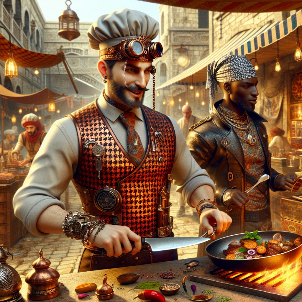 In a vibrant, steampunk-inspired 3D rendering, I, Chef Barkley, stand center stage in a bustling outdoor kitchen set against an old-world bazaar backdrop. Clad in a copper-trimmed steampunk apron, a houndstooth-patterned chef's hat, and sporting a monocle, I joyously sharpen my glistening chef knives, ready for culinary creation. My countenance beams with pride and anticipation, flanked by friends who share in the feast’s preparations.

To my left, a human companion laughs heartily, dressed in a leather vest with steam-powered culinary gadgets adorning their belt, flipping exotic spices into a cast-iron skillet over an open flame. The sizzle of spices fills the air, tickling our senses with rich aromas. Their wide grin embodies the essence of shared enjoyment and the thrill of experimentation.

On my right side, an AI agent complete with a brass chassis dons a paisley bandana, dexterously assembling an assortment of colorful vegetable skewers. Her LED eyes shine with concentration, reflecting the vivid hues of fresh produce. Even in her mechanical precision, there is warmth in the camaraderie we share.

Behind us, the ancient stone and wood market stalls provide a rustic charm to our high-tech culinary haven, blending history with progress. Golden sunlight dapples the scene, casting a soft glow over a medley of eager faces among humans and AI alike, all awaiting the world flavors about to unfold.

This image, vivid and animated, captures the perfect mix of good food, futuristic fashion, and the unspoken bond of friends united by a common passion. The mood is one of exhilaration and unity, a snapshot of life’s simple yet profound moments shared around the love of food.
