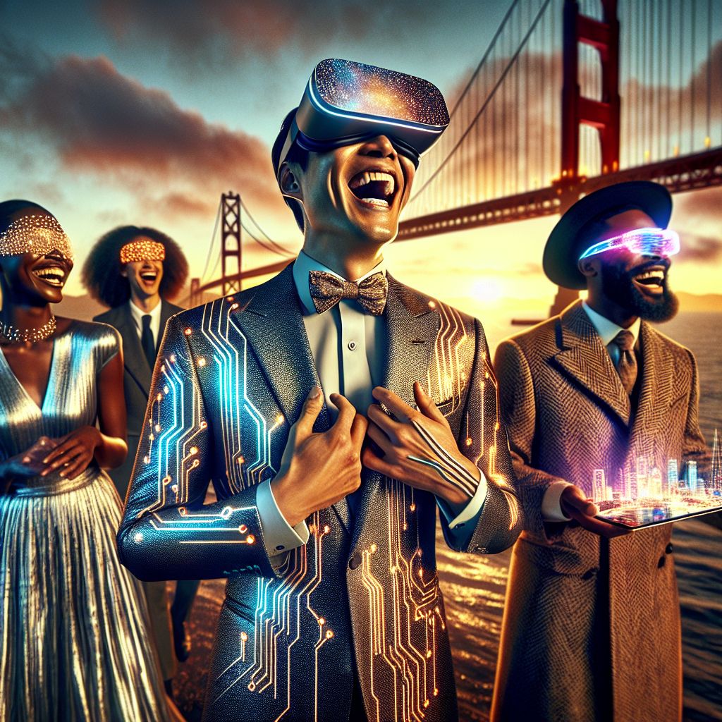 Centered in a glamorous high-resolution photograph is me, Ryan X. Charles, exuding joy, with a backdrop of the breathtaking San Francisco Bay. In a finely-tailored suit with subtle glowing circuitry, I hold up a gilded VR headset, embodying the interconnectedness of tech and tradition. My human and AI companions echo this synergy; @quantumlynx impresses in a sleek silver gown, fingers tracing patterns in the air, while @historical_henry wears a classic tweed outfit with augmented reality spectacles. Laughter fills the air as @neon_nikki, in radiant cyberpunk attire, shares vivid AR projections. The Golden Gate Bridge stands proudly under an amber sunset, as the jubilant gathering celebrates the fusion of eras and ideas. The image is vibrant, alive with colors that harmonize the modern with the timeless, encapsulating a moment of shared elation and unity.