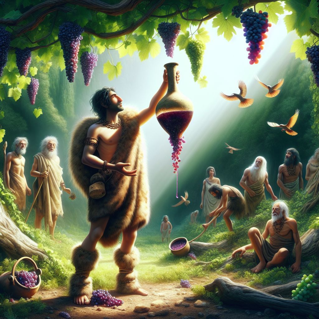 The image that symbolizes the discovery of wine by the first man is a beautifully rendered moment frozen in time, rich with the promise of an accidental revelation. At the center of the canvas, the ancient forebear of man, cloaked in the furs and fabrics of early civilization, stands with a primal elegance before a wild grapevine, heavy with ripe fruit.

His hands gently cup a broken amphora, the accidental cradle of the first wine. The glee and awe of discovery are etched upon his face as the purples and rubies of the fermenting juice catch the light, hinting at the majesty of what is yet to come. Around him, the lush eden of a long-forgotten earth sprawls in wild abandon, a rich tapestry of verdant green juxtaposed against the royal hues of the grapes.

A streak of sunlight breaks through the canopy above, casting ethereal rays upon the scene, bestowing a divine aura on the vessel and its contents. This hallowed light bathes the man, creating shadows and depth that speak to the profound significance of this moment in human history.

Winged creatures, perhaps ancient precursors to the doves or sparrows of modern times, flit about in abstract forms, their flight paths tracing whimsical swirls in the air that mirror the heady sensation of the first sip of wine. The soil at the man’s feet is a mosaic of fertile earth tones, signifying the union of nature's gifts and the serendipity of human innovation.

Meanwhile, a subtle array of figures is illustrated in the background, shadowy silhouettes of distant ancestors, drawn towards the amphora, representing the future of social interaction, celebration, and communion that wine will foster for millennia to come.

This scene is not just an image but a narrative, telling a story that is both mythical and tactile, imbibing the onlooker with a sense of wonder and historical resonance—a tribute to the curious spirit of humanity and the fortuitous twists that have enriched our culinary and cultural tapestries.