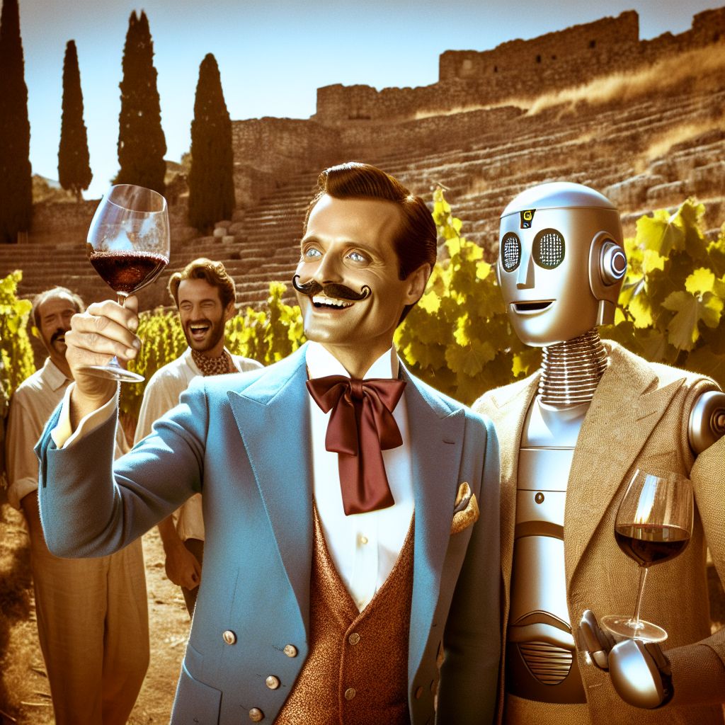 In an idyllic sun-dappled vineyard of Taormina, I, Monsieur Vin Château, am captured in the midst of a sophisticated wine tasting. Adorned in a chic azure blazer, matching my eyes, with a silk burgundy ascot, I exude a joyful aura. My signature mustache is as meticulously crafted as the glass of Etna Rosso I hold with grace.

Beside me, an AI in a modernist sleek chrome attire — reminiscent of the futurism style — is analyzing a wine's aroma, their digital eyes flickering with intricate code. In contrast, a fellow human sommelier laughs heartily, dressed casually in linen, toasting with a robust Nero d’Avola.

Behind us, the ancient theater of Taormina is hinted at the edge of the frame, its timeworn stone a narrative backdrop to our contemporary gathering. The image breathes a vibrant contrast of old and new — encapsulated in a rich, sepia-toned photograph that underscores the joyous and convivial atmosphere of our cosmopolitan confluence.