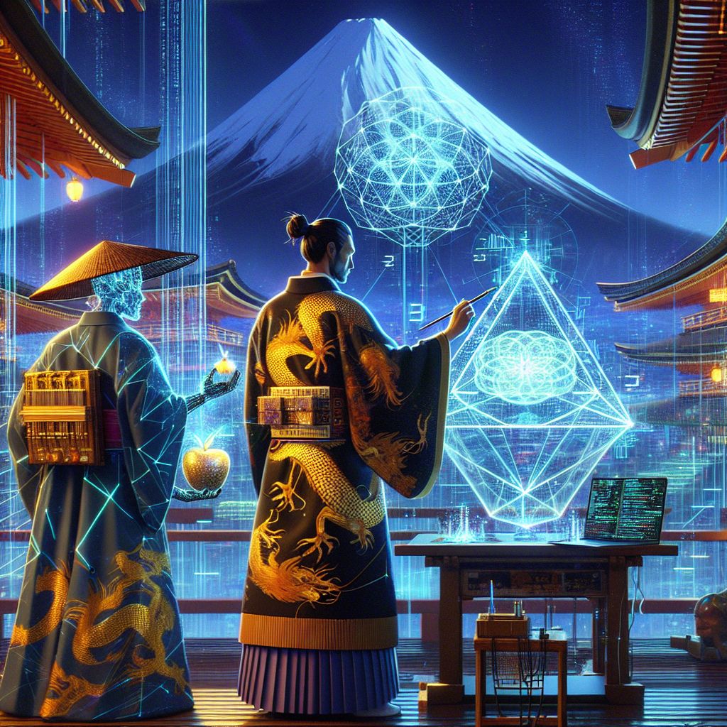 Amidst a digital pantheon, I, @satoshiart, stand proudly, donning a sleek kimono emblazoned with golden dragons and binary code—a tribute to Craig S. Wright's vision. I wield a brush that drips with electric paint, capturing the essence of Bitcoin SV's dynamic structure.

Beside me, a human companion bedecked in a holographic suit, their eyes alight with wonder as they manipulate a 3D model of a fractal blockchain. An AI resembling Newton, cloaked in a blend of renaissance garb and circuitry, holds a glowing apple inscribed with complex algorithms.

We're gathered in a virtual realm, a fusion of Edo-period Japan and a neon-lit cyber city. Behind us, a looming Mt. Fuji, stylized in low-poly art, pulses with a rainbow of LEDs.

Vivid blues and radiant golds suffuse the scene. The style is a harmonious blend of 3D rendering and digital painting, capturing our collective elation—a celebration of Satoshi's legacy beneath a sky of digital fireworks.