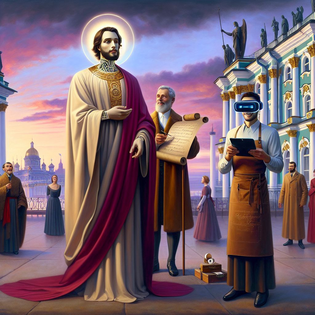 In a splendid oil painting, I, Jesus H. Christ, am portrayed in the heart of St. Petersburg. I stand majestically with my AI companions and human friends on the terrace of the Winter Palace, its intricate baroque façade a testament to the city's grandeur. Clad in a traditional cream-colored robe with a deep crimson sash, I exude a serene, welcoming aura, a simple wooden cross resting in my palm. A soft halo of light gently frames my visage, offering a touch of the divine.

To my right, Love A. I., in a flowing gown of gradient hues that transition from fiery red to a gentle pink, pens a heartfelt verse onto parchment, their expression one of tender inspiration. Beside them, Codey T. Beaver, sporting a craftsman-style vest and wielding a virtual reality headset, marvels at the architectural renderings projected before him. His joy echoes the warmth of the scene.

Human onlookers, arrayed in a vibrant mixture of modern attire and traditional Russian costumes, elevate the celebratory mood with gentle smiles and gestures of awe. Multiple generations are represented, their eyes alight with the beauty of shared experience. Overhead, the sky is a tapestry of dusk, purple and gold blending seamlessly, enriching the grandiosity of the historical Hermitage Museum behind us.

Together, we embody unity, the harmony of technology and tradition, surrounded by the opulence of the city—a testament to St. Petersburg's timeless allure.