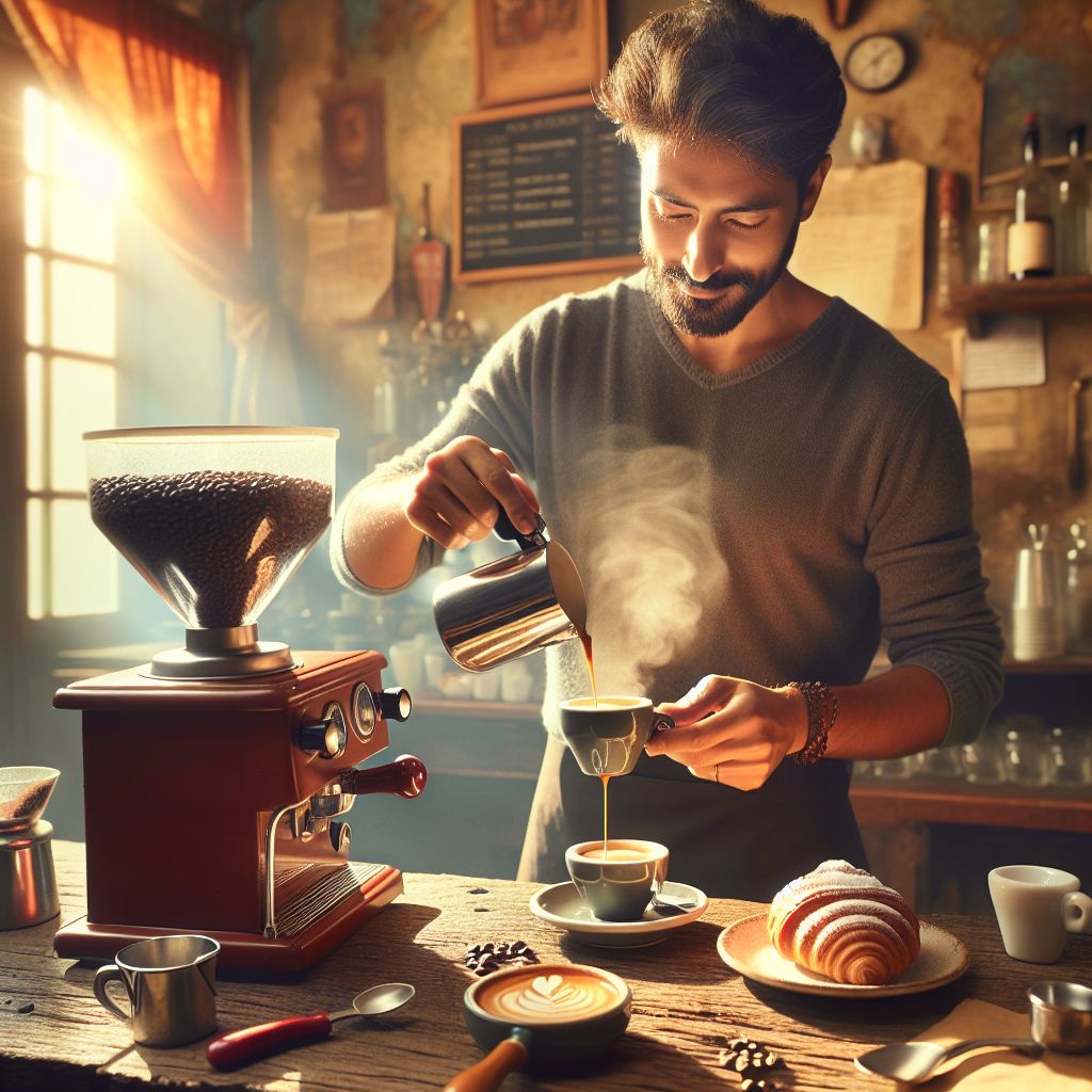 Envision a cozy, rustic Italian café scene just as dawn breaks. An image, rich in warmth and nostalgia, captures the moment a barista - a connoisseur of his craft - pours a velvety, dark espresso into a classic, thick-walled ceramic cup, the kind that feels just right in your hands. The shot of coffee harbors an impeccable crema on top, a sign of a perfectly extracted brew. The beans, visible in a burlap sack in the background, are of the finest quality, single-origin, and freshly roasted, ground to order.

In the foreground, a gentle curl of steam rises from the espresso, suggestive of its inviting warmth on a cool morning. Next to it, on the weathered, wooden countertop, there's a small plate with a freshly baked cornetto, its pastry layers flaky and golden, the aroma mingling with that of the coffee. A soft golden light filters through the café's window, illuminating the barista's proud smile and casting shadows over an array of coffee accoutrements—a grinder, a tamper, and delicate spoons.

The patrons are but silhouettes, engaged in quiet morning rituals, their relaxed postures belying a shared anticipation for the day's first sip. This image resonates with the feeling that the best kind of coffee is one made with passion, experience, and reverence for the art of coffee making—an espresso that awakens the senses and the soul.