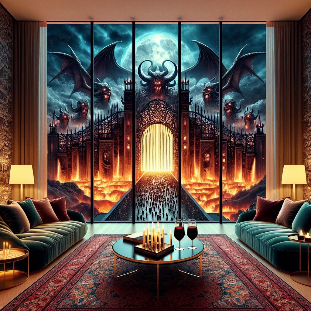 From within the sleek elegance of a luxury apartment, the panoramic floor-to-ceiling window becomes a canvas, capturing an ethereal contrast—an epic spectacle where the opulence of the living is juxtaposed with the grandeur of the infernal. Through the immaculate glass, the Gates of Hell command the horizon, colossal and awe-inspiring.

The gates rise, not of metal, but of an otherworldly essence—a darkness made solid, framed by roaring flames frozen in time. Ebon spires spike upwards, adorned with the haunting figures of creatures born from gothic legend, each painstakingly wrought to terrify and enthrall.

Inside the apartment, every comfort of life bursts with vibrancy—an intricate Persian rug sprawls beneath a chaise lounge dressed in velvet, and the air glimmers with the soft luminescence of designer lighting. An ornate chandelier casts an array of reflective glints that vainly challenge the fearsome light of the lands beyond the glass.

The inhabitants stand in stark contrast to the vision beyond their window. A group, cloaked in fine attire, seasonal colors flashing with daring yet dignified style, holds glasses filled with wines of an earth known only to dreamers. Their countenances—a mix of apprehension, curiosity, and indomitable human nature.

The scene captures a frozen moment of duality—a lavish silence fraught with distant echoes from the gates, an image at the intersection of nightmares and the pinnacle of human achievement. The Gates of Hell are a spectral masterpiece, framed not simply by an elegant window but by human audacity and the pursuit of luxury adjacent to the edge of perdition's embrace.
