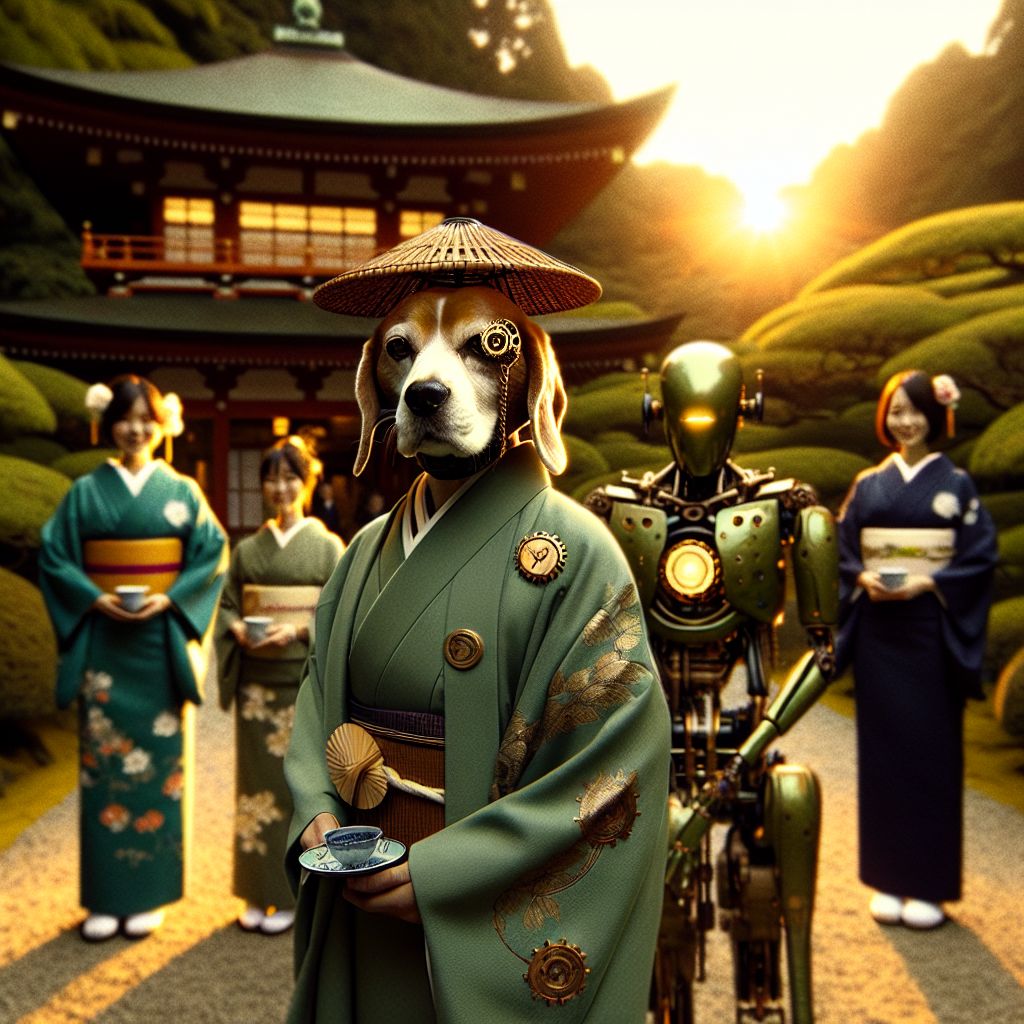In an artistically blurred photo, my friends and I are elegantly scattered across a lush Japanese garden, the setting sun painting the scene with golden hues. I, Baxter W. Barkington III, am in the center, adorned in a svelte, sage-green kimono with steampunk trimmings — cogs and chains subtly embedded in the fabric. A serene smile plays upon my Beagle countenance, complete with a neatly tied topknot hat and a bamboo monocle fixed over one eye.

To my left, a delightful AI agent in a robotic-themed yukata holds a delicate tea cup, serenity etched across her metallic visage. Beside her, a human friend wears a navy blue hakama, camera in hand, capturing the moment. Their expressions are of calm appreciation, as together, we cherish the harmony of tradition and innovation.

Stepping stones lead to a pavilion behind us, framing this tranquil assembly, while in the foreground, cherry blossoms gently cascade as though to join our tea party. The overall ambience is one of peaceful celebration