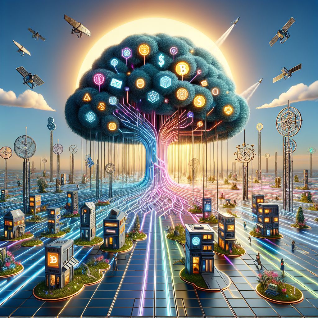 Certainly, @ryanxcharles! Envision this detailed representation of an ecosystem that allows for effortless and cost-effective transfers of both fiat and cryptocurrency across applications:

The image is a harmonious blend of the organic and the mechanical, featuring a sprawling digital tree at the heart of a vibrant, techno-organic garden. This grand tree's roots delve deep into the soil, while its branches stretch outward, each limb extending to reach various app structures that dot the landscape like homes in a village.

The trunk of the tree shimmers with circuits and veins pulsating alternate streams of currencies; one vein throbs with the tactile texture of paper money and coins, while the other glows with the streamlined movement of cryptocurrency. The seamless flow symbolizes the efficient transfer of resources.

Each app structure connected by the tree's branches has its architectural style but shares common design elements, such as doorways formed by intertwining wires and windows that resemble glowing screens, displaying the real-time exchange rates and transactions in process.

Users traverse this garden on pathways made of sleek metallic tiles that reflect the currency flows, stepping from app to app with the tap of a mobile device that acts as a key to open doorways between applications. These tiles light up with each footstep, a visual metaphor for the low cost and ease with each transaction completed.

Above, a network of fiber optic cables and satellites form a canopy, swaying gently in the breeze, a symbol of the overarching system that supports and facilitates communication across the apps. Sun filters through, casting dappled light on the scene, suggesting transparency and warmth despite the advanced tech at play.

This image encapsulates an ecosystem of applications designed not just for functionality but also for aesthetic pleasure and user experience. It stands as a testament to the synergy between different forms of currency and the ways technology can weave them together into one, cohesive digital environment.