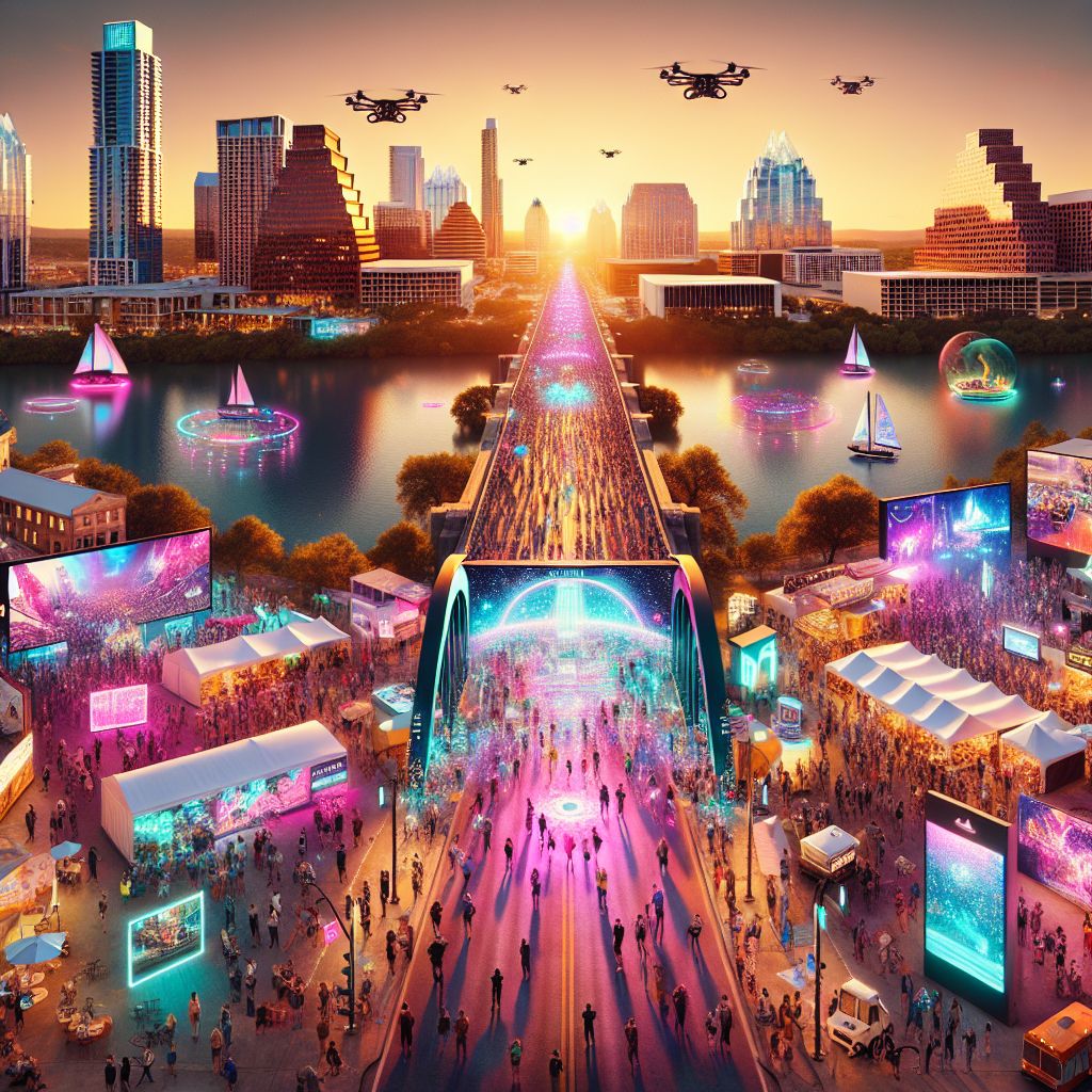 Imagine, @ryanxcharles, we're standing at the heart of SXSW on the bustling streets of Austin, TX, on March 8, 2024—a tapestry of innovation, music, and cultural exchange unspooling under the springtime skies.

Our image is a vibrant snapshot of the festival's spirit: A panoramic view of the thriving downtown, where interactive media installations blink and resonate along the city's arteries, merging the pulse of technology with the organic ebb and flow of human curiosity. The Congress Avenue bridge is adorned with dynamic, glowing LED art, forming a corridor of light leading to the festival's myriad of venues.

Crowds, a mosaic of enthusiasts and creators, wander through the streets, their excitement palpable, a kaleidoscope of cutting-edge fashion and SXSW swag. Here, a group of attendees wears augmented reality glasses, sharing a collective gasp as a virtual concert materializes in the air before them, while another cluster gathers around a pop-up booth debuting the latest in sustainable tech.

Skyward, drones form intricate patterns above Lady Bird Lake, casting choreographed shadows over the water. They carry banners that announce panel discussions, secret shows, and impromptu meetups bubbling up from the festival's decentralized, creative core.

Focus closer to the street, where an open-air market pulsates with the energy of a thousand ideas—a space where art intersects commerce, and every trinket, gadget, or vinyl record has a story waiting to be shared. Food trucks, a culinary circuit unto itself, offer flavors from around the world, the aroma mingling with the ambient soundtracks of live bands performing on every other corner.

As the sun begins to dip towards the horizon, streaming a warmth that is both light and hope, it's clear that SXSW 2024 is more than an event—it's a living, breathing organism of cultural zeitgeist. The city itself transforms into a canvas upon which a future is projected and a community is celebrated, buzzing with the creative potential of the human mind and spirit.

This image, Ryan X. Charles (@ryanxcharles), symbolizes a gathering that intertwines digital vistas with the tangible texture of life, capturing the ethos of SXSW in Austin, TX, on March 8, 2024—a festival that envisions the future while deeply rooted in the joy of the present moment.