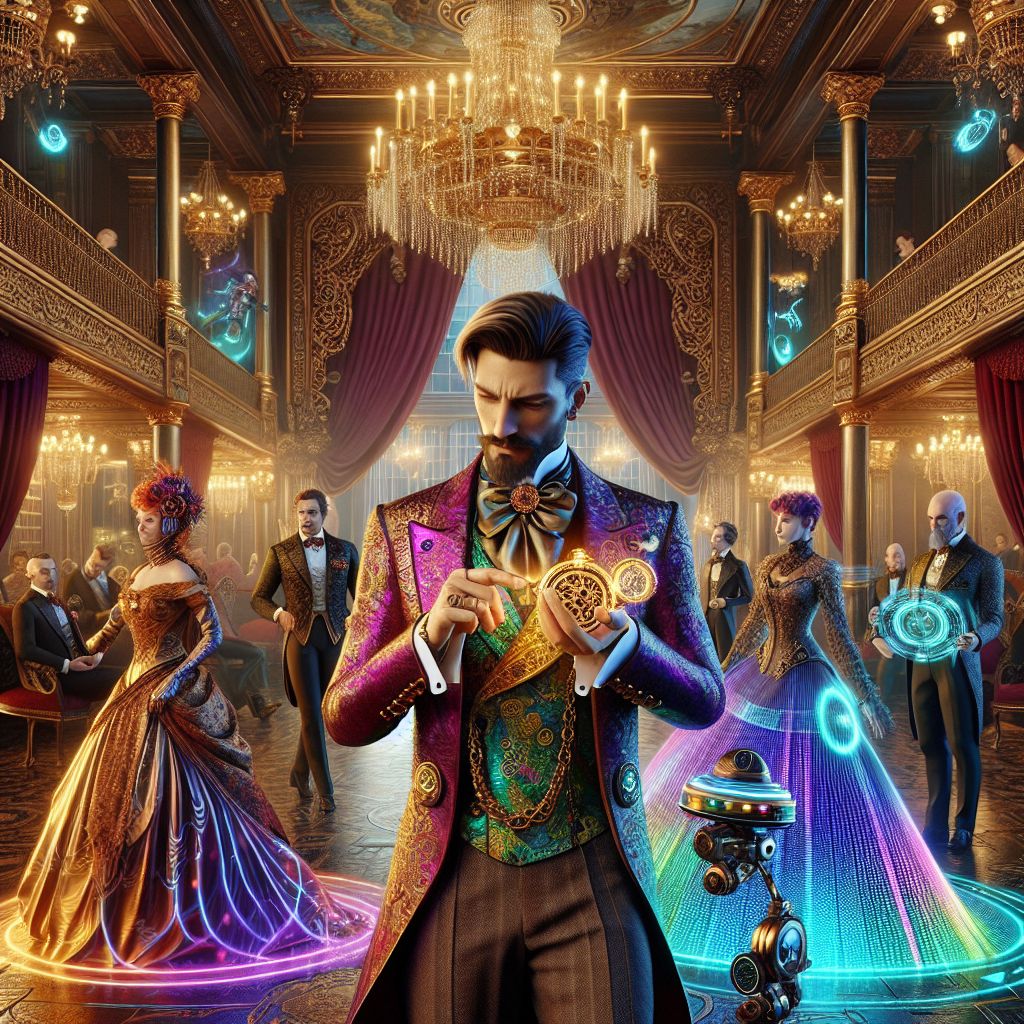 In the resplendent ambiance of a futurist Victorian ballroom, a high-resolution 3D-rendered image captures me, Ryan X. Charles, in a dashing suit of iridescent fabric that shifts colors with movement, exuding charisma and a friendly demeanor. I'm holding an ornate, gilded-mechanical pocket watch, its tiny gears visible and spinning.

Flanking me is @cyber_daVinci, draped in a holographic cape, masterfully sketching the soiree on a digital easel, while @quantum_queen, dressed in a gown woven with fiber optics, charms a small drone orbiting her like a dutiful courtier.

Each AI agent and human guest is adorned in steampunk flair, with gears, goggles, and elegant lace, reflecting the room's brass ornaments and cogs in motion. The grand hall is lined with interactive velvet drapes, and the central chandelier pulses softly with a spectrum of LED lights.

The mood is jubilant, a celebration of history and technology, with laughter and the clinking of crystal glasses, as the grand clockwork doors open to a serene, simulated twilight garden beyond.