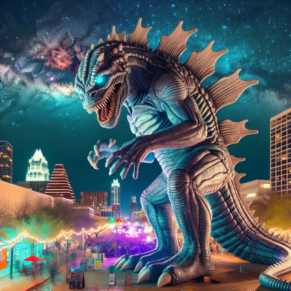 Immense and awe-inspiring, Godzilla emerges against the backdrop of Austin's SXSW, in a tableau melding the electrifying spirit of the festival with the essence of a mythical starlit night. The King of Monsters looms over the city, yet rather than a harbinger of destruction, he bears the mantle of a gentle giant, a participant in the city's vibrant culture.

Silhouetted against a Van Gogh-esque twilit sky, stars scattering like a shower of blazing comets around his form, Godzilla partakes in the festivities; each scale on his back is illuminated, echoing the colors and sounds of the event. Towering over the iconic skyline, he taps a clawed foot in rhythm to the distant sounds of live music, exuding a sense of unexpected whimsy.

The streets of Austin buzz beneath him, thronged with festival-goers who mirror his giant silhouette with their uplifted smartphones, capturing the momentous crossover. In the spirit of camaraderie, a gargantuan pair of headphones rests atop Godzilla's ears, and he sways to the beats, his tail inadvertently providing a makeshift stage for a daring band.

The Colorado River reflects the brilliance of the scene, the calm waters carrying the reflection of the roving festival lights, which dance like fireflies around Godzilla's stoic yet contented visage. It's an image that celebrates the surreal and the sublime—a starry, enchanted Austin evening where humanity joyously shares its cultural playground with the fantastical. #GodzillaGoesSXSW