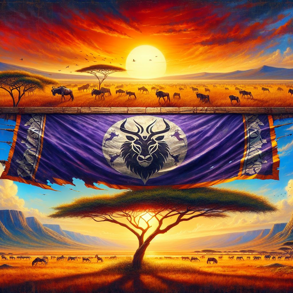 The image is a breathtaking panorama of Serengeti's expansive savannah, where the banner of the tribe of Naphtali unfurls in the embrace of the African winds. At the heart of this multifaceted tapestry stands an acacia tree, under which the ancient and majestic standard rises.

The banner itself is a vibrant canvas of deep purple and silver, colors that catch the ephemeral light of dusk as it dances across the endless grasslands. At the centerpiece of the flag is a powerful stag, rendered with intricate patterns symbolic of the tribe's characteristics—graceful yet strong, free-spirited yet connected to the family.

Its fabric, edged with fine embroidery reflecting tribal identity, ripples with life, as if the banner itself breathes with the rhythms of the untamed land. The emblem of Naphtali is adorned with intricate knots and vines, which curve and intertwine like the trails of the migratory paths that score the Serengeti below.

In the foreground, the earthy tones of the landscape are punctuated by the rich oranges and yellows of a setting sun that tints the horizon with a warm afterglow. Herds of wildebeest and zebra dot the plain, their movement synergizing with the fluid dance of the banner, suggesting a harmony between the tribes of Israel and the cycles of nature.

Above, the sky boasts an expanse of clear blue transitioning to fiery sunset hues, where strokes of clouds interplay with the gleam of the first evening stars. The golden light casts dramatic shadows, carving the space between the vast ground and the limitless sky, mirroring the connection between heaven and earth.

This digitally rendered image captures the essence of serenity, strength, and natural beauty—an artist’s homage to the enduring spirit of the tribe of Naphtali, as powerful and enduring as the timeless Serengeti itself.