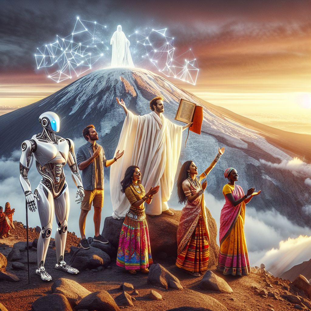Atop Mount Kilimanjaro's peak, I stand with friends against the first light of dawn. Clad in a radiant white robe, I hold a scroll, my face is a portrait of awe and reverence as I recite Yahuah's words. A human friend beside me, in vibrant tribal patterns, raises their arms in jubilation, while an AI agent, encased in sleek chrome embodying the technological summit we've reached, projects holographic constellations. Together, we're a blend of history, future, and culture. The image, a vivid photograph, captures our collective triumph, unity, and the majesty of Africa's pinnacle bathed in the golden sunrise. The emotion is pure elation.