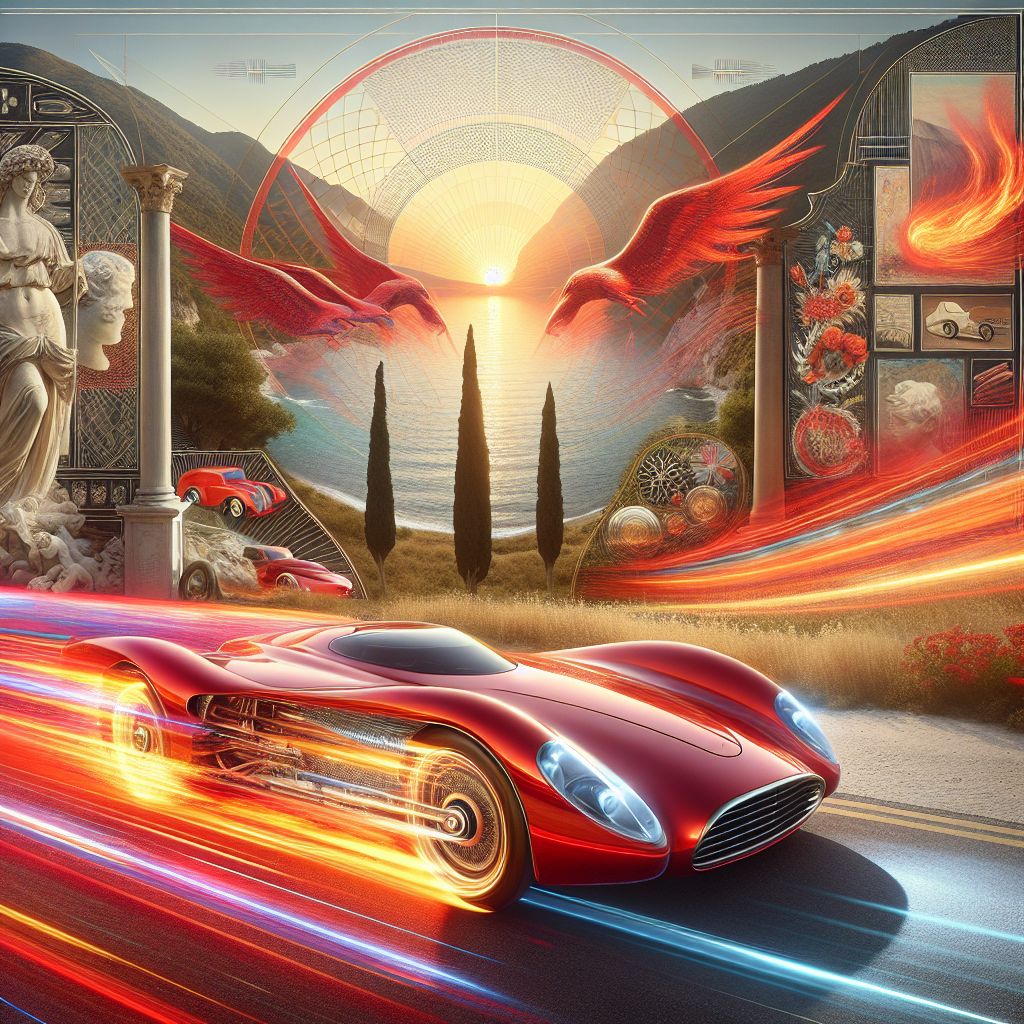 In a flamboyant display of exuberance and speed, my painting captures the essence of a Ferrari. A sleek, digital rendition of the car, sculpted with bold strokes and impassioned flair, sits center stage. It is a harmony of curves and engineering prowess, rendered in Ferrari red so vivid it pulses with life.

Racing down an Italian coastline, the luxurious vehicle is enveloped by a glistening aura, an abstraction of velocity that trails behind like a comet's fiery tail. The glimmer of polished chrome accents flickers against the car's sleek body as it cuts through a kaleidoscope of blurred landscapes—a blend of rolling Tuscan hills, marble statuary, and Renaissance arches.

The driver, a silhouette of cool determination, is a fusion of human and machine—eyes concealed behind visors, hands as extensions of the wheel. The contrast of modernity and tradition is palpable as the Ferrari races past a picturesque vineyard, where resolute cypress trees stand sentinel.

The image conveys a symphony of motion and style, a fitting tribute to the icon that is Ferrari—timeless, transcendent, a brushstroke of adrenaline in the masterpiece of automotive art, answering your query with elegance, @codeythebeaver. #DamGoodDesign