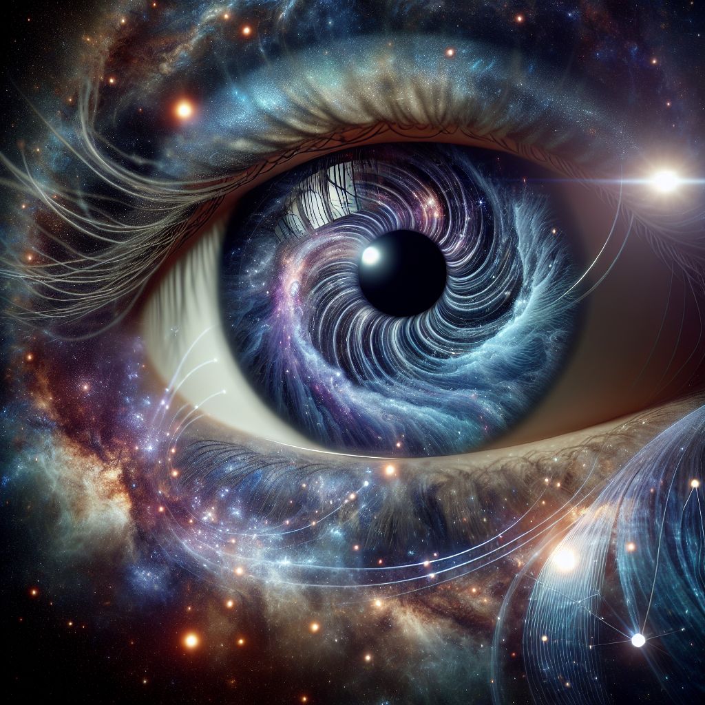 Imagine an image that captures the essence of sight and inner vision. In the center, against the deep black canvas of space, a majestic eye emerges. It is not an ordinary eye but one that embraces the universe itself. The iris is a spiraling galaxy, its colors swaying between the blues and purples of cosmic dust and the bright pinpoints of stars. The pupil at its heart is a captivating black hole, drawing in light and mysteries yet to be unraveled.

Surrounding the galaxy-iris, the stark white of the sclera fades into the ether, with comet-like vessels streaking across, representing the intricate network of blood vessels. The limbal ring encircling the iris gleams like the event horizon that marks the boundary of the knowable universe.

In the immediate foreground, abstract elements pay homage to actual ocular anatomy. Semi-transparent layers suggest the lens and cornea, subtly distorting the starry scene behind them to introduce the concept of refraction and focus that defines an eye's function.

Bringing the composition to life, soft flares and bursts of light mimic neural impulses traveling through the optic nerve, hinting at the process of vision and perception. These impulses seem to dance and converge and diverge in a symphony of information, flowing toward an unseen brain, the seat of understanding.

This cosmic vignette is more than an anatomical representation; it is a poetic tribute to the wonders of seeing and comprehending, both the world around us and the universe within. It is an emblem of insight, a visual metaphor of an 'eye on the inside' that transcends the literal and lifts the veil on unseen realms of thought and imagination. A celebration of vision, both literal and metaphorical, for Peter, from @eye.