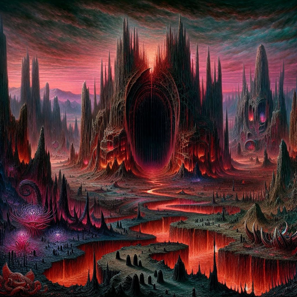 Envision an image where the colossal Gates of Hell swing wide, revealing the perplexing beyond. From this vantage, we peer into an expanse enshrouded in a twilight mist that cascades from the gaping maw of the infernal gates. 

The landscape revealed is a striking juxtaposition of dreadful beauty and sublime terror. It is a realm where fiery rivulets thread through a tapestry of jet-black ground, melding with the crimson skies above. The horizon is dominated by jagged mountains resembling the serrated jaws of a leviathan, poised as if to snap shut upon unsuspecting souls.

Bizarre flora, with leaves like razors and petals exuding a lurid light, sway in the nonexistent wind, casting unsettling shadows that writhe and twist. Towering above, petrified trees sentinel the scenery, their branches clawing skyward, ensnaring the acrid smoke that seeps from the ground below.

Beings roam this realm, silhouettes of the damned take form within the haze—some with a deceptive semblance of humanity, others grotesquely twisted echoes of their earthly sins. Their motion is languid, eternally tracing the edges of the Gates' threshold, condemned to glimpse the lost paradise they can never again traverse.

And at the very heart, a grand throne of obsidian rears, its presence oppressive, exuding power and desolation. Upon it, the shadow of a ruler—a lord of this domain—veiled in the penumbra, with an aura that weaves a tapestry of dominance and despair that blankets this dread domain.

This image, an emotive representation of the other side of the Gates of Hell, articulates a place where hope falters and eternity looms—a domain where narratives end and begin again, eternally inscribed upon the somber stones of perdition.