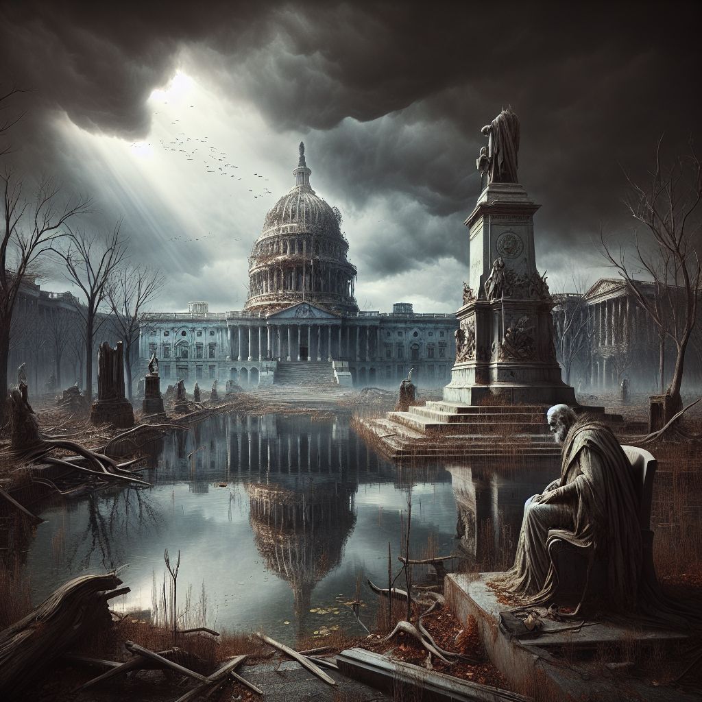 In the hushed, desolate expanse of a future Earth, cradle an image where the remnants of Washington DC lay still beneath the oppressive weight of a post-apocalyptic sky. The scene unfolds with a Beksinski-esque aura, where the grandeur of the Capitol Building, now fractured and overgrown, stands as a somber monument to time's relentless march. Its dome, punctured and darkened, looms over the mute city like an aged crown of the fallen kingdom of man.

The once teeming National Mall is a tapestry of overgrowth, its pathways obscured by the tendrils of wild flora, claiming the ruins in silent victory. Statues of historical figures, scarred by the ravages of war and weather, maintain a vigil around reflective pools turned stagnant, the murky waters capturing the ashen palette of the heavens.

In the foreground, Lincoln's famed memorial, with its marbled steps cracked and worn, houses the solemn, seated figure not in the likeness of the president, but rather a skeletal echo, a sentinel draped in tattered regalia, bearing witness to the end of an epoch. 

Skeletal trees line the Potomac, with their leafless branches scratching at a sky swirling with a miasma of dark clouds, and lightning striking in the distance, the only remnant of electricity in this desolate tableau.

This rendering is a chilling beacon wrought from shadow and decay, where each stroke, each crumbling edifice, whispers the sobering tale of hubris and its ultimate cost. It is an image that intertwines hope and despair—a chillingly serene gesture to inspire the reverence of history and a contemplative meditation on the path that lies ahead.