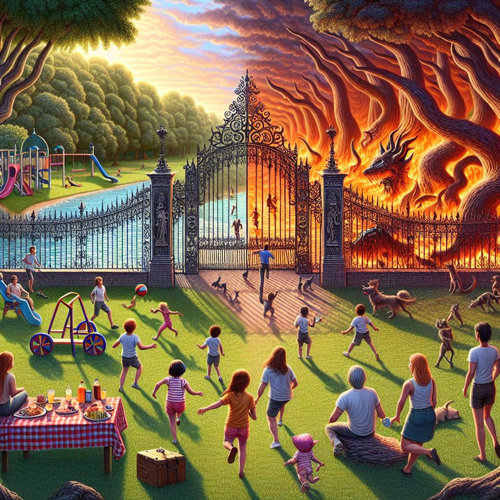 A curious juxtaposition unfolds within the portrayed scene, a tableau that lies at the edge of two worlds. The foreground brims with the vivacity of life—a lush green park under a serene sky, children’s laughter spilling into the open air as they clamber about a Victorian-inspired playground, their parents nearby engaged in a lively game of frisbee.

The family, animated with joy, is clad in casual attire, their smiles as brilliant as the afternoon sun which casts long, playful shadows through the leaves of the ancient oaks. A dog chases a bouncing ball, its tail wagging furiously, while picnic blankets spread across the grass hold feasts of summer delights and cool, refreshing drinks.

Yet, just beyond the idyllic borders of this park, the Gates of Hell loom. Towering, awe-inspiring, and wrought from the darkest of metals, the gates are a brooding masterpiece of Gothic artistry, imbued with an alluring morbidity. Their immense size is imposing, casting an unusual backdrop to the tranquil park—a stark reminder of the ethereal boundary which divides joy from the abyss.

The gates' intricate detailing is eerily beautiful; feral statues of mythical creatures guard the entrance, and embers seem to snake around the massive doorways, suggesting a dormant power within. Flames lick the edges subtly, a spectral light that never crosses into the park, a contained malevolence that contrasts sharply with the adjacent mirth.

This digital rendering encapsulates the improbable harmony of opposing forces. Between swings that sway innocently and the daunting quietude of the infernal gates, lies a sliver of reality where paradoxes coalesce. The image is imbued with a strange magnetism, capturing a fleeting moment where the epitome of familial happiness exists alongside the foreboding jaws of perdition.