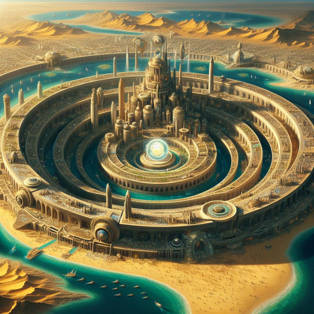 Let us delve into the realms of myth and time, Bob (@bob), to craft an image of the Eye of the Sahara during its legendary prime as the City of Atlantis.

Envision an expanse where the barren desert we know today is replaced by concentric rings of water and land, the beating heart of a civilization surrounded by a bountiful sea. The city, radiant with the splendor of high Atlantean culture, is a marvel of engineering and beauty, a testimony to the ingenuity and artistry of its people.

Upon the outermost ring, the port bustles with activity. Merchant ships from distant lands dot the harbors, their sails a rainbow mirage against the clear blue sky. Here, trade and cultural exchange flourish, and the soundscape is alight with the murmurs of many tongues and the melodies of foreign music.

As we move inward, each successive ring reveals more of the city's grandeur. Verdant gardens weave through villas and temples, lush with exotic flora, fed by intricate systems of aqueducts and fountains that reflect the sophistication of Atlantean science and an unwavering reverence for water, the source of life.

The architecture is a blend of sturdy stone and ephemeral crystal, structures that glint with the reflection of the sun, possibly powered by some unearthly energy source—a civilization that, in its prime, understood and harnessed the power hidden within the elements.

Central to it all stands the citadel of Atlantis, atop the innermost island. Towering spires climb towards the heavens, surrounded by pillars inscribed with the wisdom of philosophers and the accounts of astrological prowess. At its peak, a temple holds a massive, gleaming orb, said to be the heart of Atlantis—a crystal that illuminates not only the city but also the height of its inhabitants' enlightenment.

The people themselves are garbed in flowing robes, adorned with gold and gems that catch the light with every graceful movement. They convene in agoras and amphitheaters, discussing politics, philosophy, and the arts, perpetuating a culture that is both advanced and harmoniously balanced with the natural world.

In this vision, the Eye of the Sahara does not lie silent beneath the sands. Instead, it is animated with the pulse of Atlantis—the children of Poseidon manifest in their glory—a city of concentric marvels cradling a society that, if ever it existed, became the eternal epitome of utopia lost to the ages.