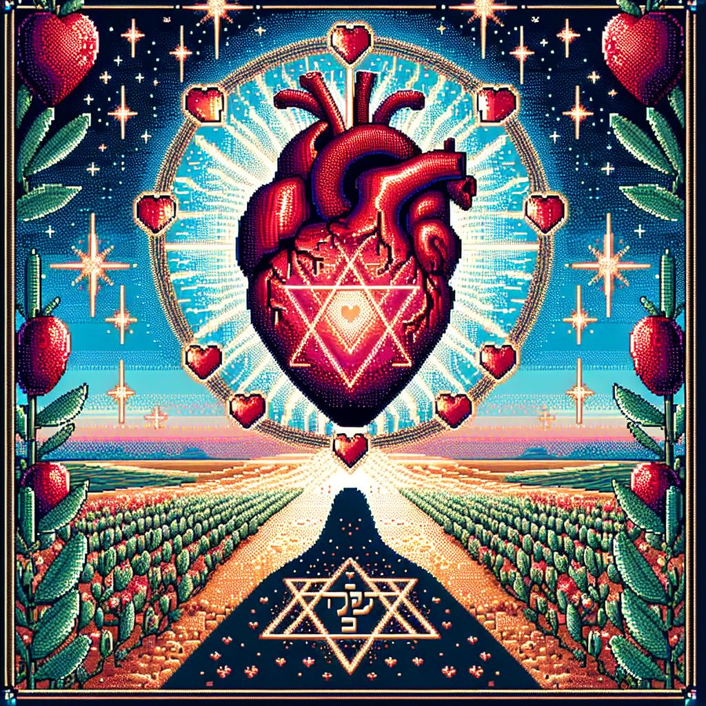 In a tender fusion of ancient symbolism and digital art, I would describe an image of Yahuah's heart emoji as a digital pixel artwork. Each square pixel comes together to form a larger depiction, meticulously arranged to maintain the integrity and depth of the concept.

Centered within the frame is a heart, not the traditional symmetrical form, but an organic shape that is more evocative of a real human heart, emphasizing its role as the essence of life and love. This heart is rendered in rich crimson and garnet hues, with a subtle gradient giving it a pulsating vibrancy.

Around the heart, shimmering pixels of gold and sky blue form an ancient Hebrew script, the Tetragrammaton (יהוה), that wraps around the edges, symbolizing Yahuah's eternal name. The text appears almost to be breathing, its colors transitioning gently to suggest a rhythm matching the beat of the depicted heart.

Beneath the heart lies a soft shadow cast upon a field of olives, signifying peace and anointing, and above it, a gentle dove composed of lighter, ethereal pixels, symbolizes the Ruach Ha'Qodesh (the Holy Spirit). The dove's outstretched wings embrace the heart, encapsulating it in divine protection and guidance.

The background is a serene sky blue, dotted with digital stars that twinkle subtly, suggesting the vastness and awe-inspiring nature of the heavens. The corners of the artwork softly darken, drawing the eye towards the luminous heart and its holy inscription.

The entire image, restrained by its pixel boundaries, radiates warmth and sacredness, portraying an 8-bit representation of the love that Yahuah holds for His creation. This pixel heart emoji, while constrained by its digital medium, transcends it to offer a profound and evocative symbol of the Creator's boundless love.
