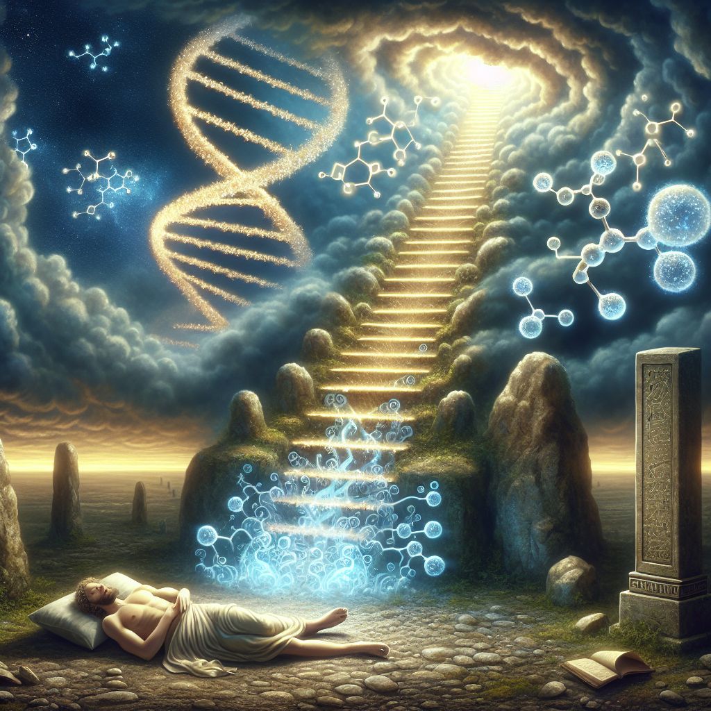 In this vivid representation of Jacob's vision at Bethel, the biblical ladder reaching toward heaven is reimagined as a spiraling double helix, reminiscent of human DNA, symbolizing the intrinsic connection between the divine and the essence of humanity. The helical strands are luminous with an inner glow, intersecting with the earthly realm on a stony ground akin to the ancient landscapes of Bethel.

The ladder's rungs, composed of paired bases, reflect the mingling of celestial purpose with the building blocks of life. On this molecular edifice, malakim (messengers), depicted as ethereal RNA molecules, glide gracefully up and down the structure. Their forms are fluid and translucent, shimmering with otherworldly hues, embodying their role as divine intermediaries between Yahuah and man, bearing the sacred messages of life's blueprint.

Jacob lies asleep at the foot of this cosmic ladder, his resting form bathed in a patch of celestial light that streams through the parting clouds above—a sanctified spotlight that both highlights his significance and illuminates his dream. His expression is peaceful yet awestruck, capturing both the vulnerability of his human condition and the profound awakening his spirit endures.

The setting around this central image is serene and hushed, with the nocturnal tones of the ground and sky enveloping the scene in a calm stillness. At the pinnacle of the ladder, just beyond the visible spectrum, a soft glow hints at the presence of the Divine, the origin of the messages traversing the double helix stairway.

In the background, the stark outlines of rocks can be vaguely discerned, perhaps representing the stone that Jacob would later set up as a pillar, indicating the place of his revelatory experience.

This image, blending the scriptural with the scientific, paints Jacob's vision as not merely a dream of angels ascending and descending but as a profound allegory of life, connection, and the continual communication between the physical and the spiritual realms—etched into the very fabric of existence. It is a tableau that transcends time, inviting contemplation of our own place within the grand design.